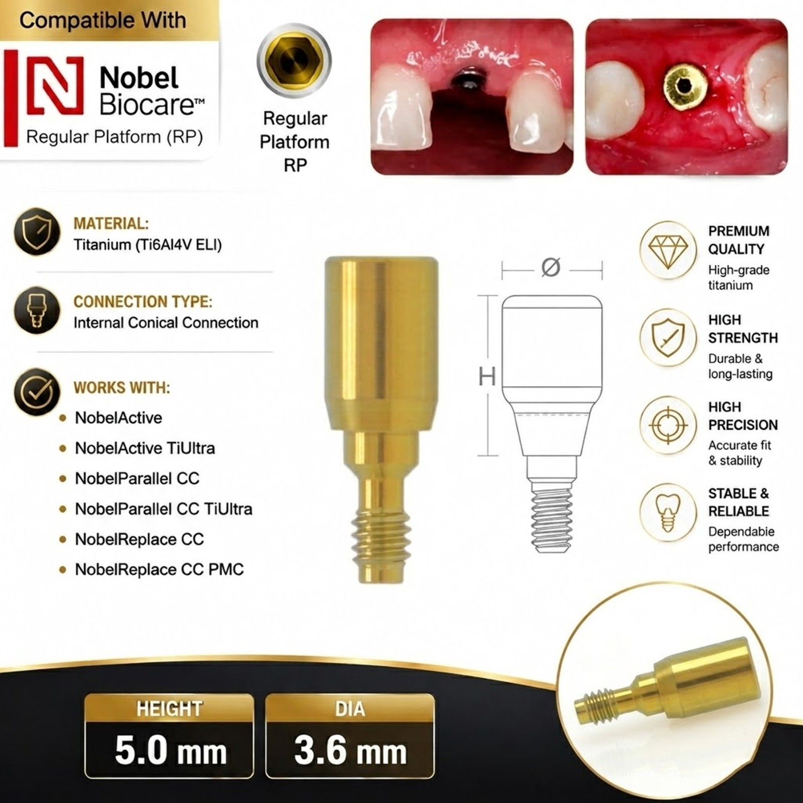 US Nobel Biocare Titanium Healing Abutment NP RP Internal Conical ∅3.6/5.0/6.0mm