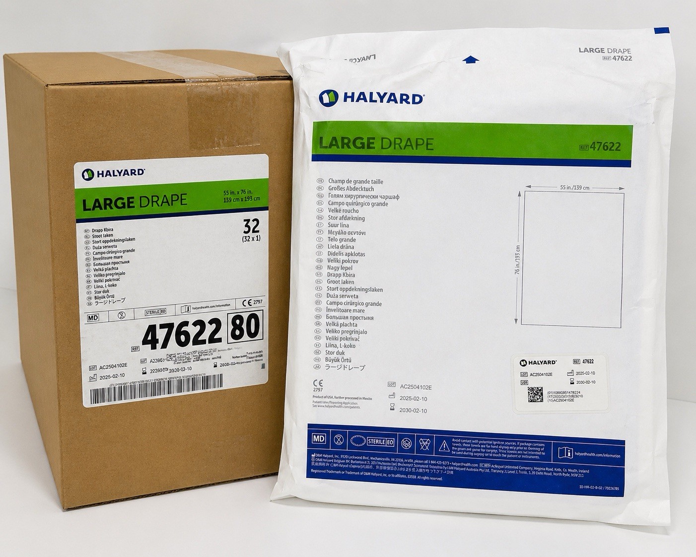 Halyard Large Drape 55×76 in Sterile EO Ref 47622 Case of 32 Exp 2030