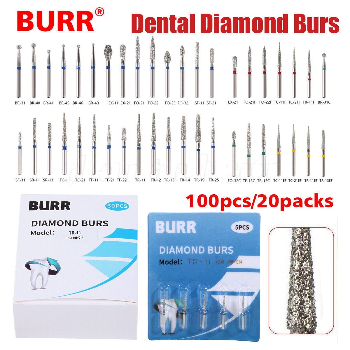 100 Types Dental FG Diamond Burs For High Speed Handpiece Friction Grip 50pcs