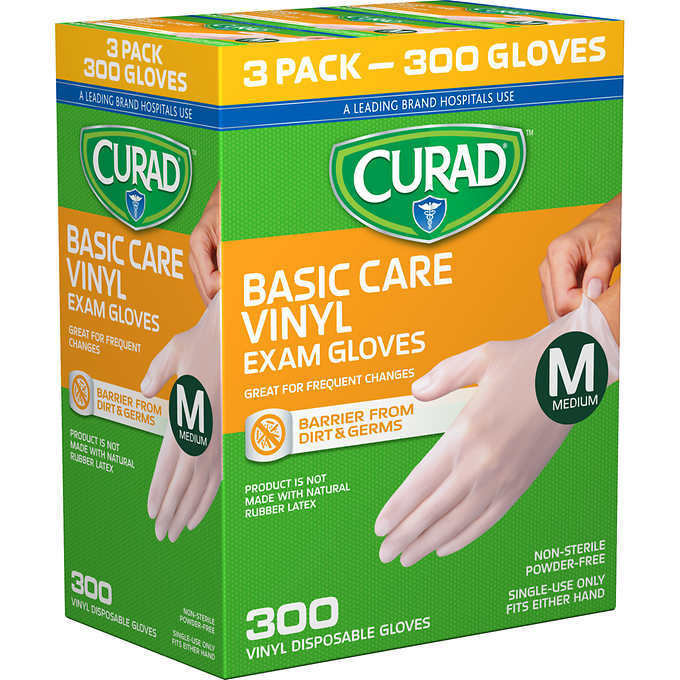 3 BOXES X 100 CURAD BASIC CARE VINYL EXAM GLOVES MEDIUM TOTAL 300 CT