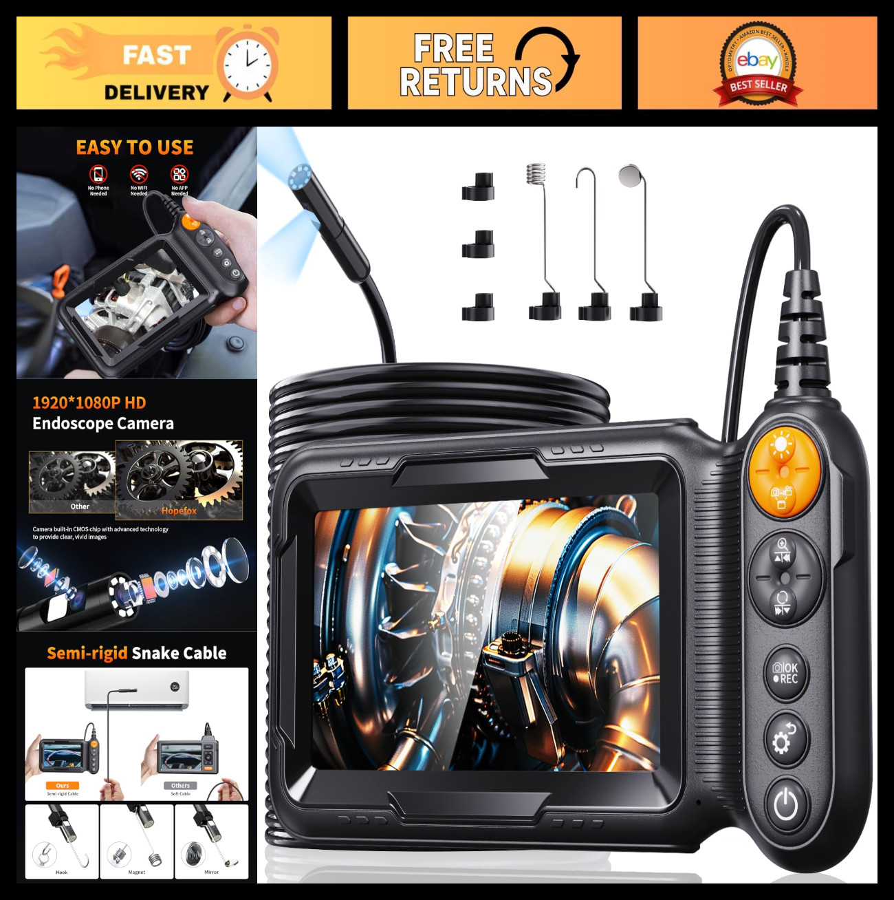 5M Dual Lens Endoscope Camera with Light, IP67 Waterproof Inspection Tool, 6PCS