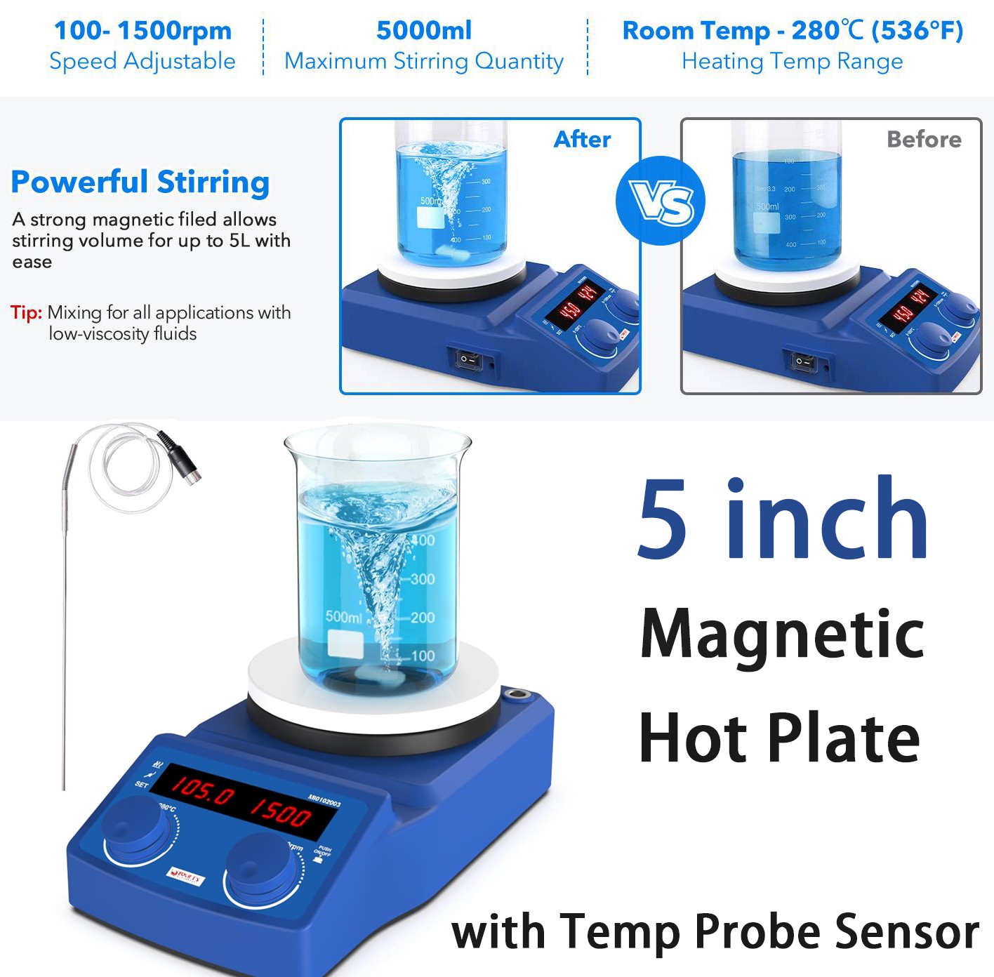 Magnetic Stirrer Hot Plate Lab Heating Plate 5Inch Lab Mixer w/ Stir Bar 600W
