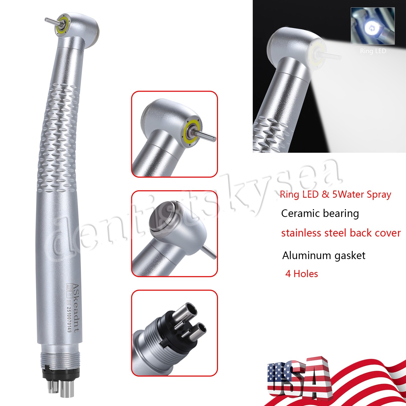Dental LED High Speed Handpiece Shadowless E-Generator Turbine 4H