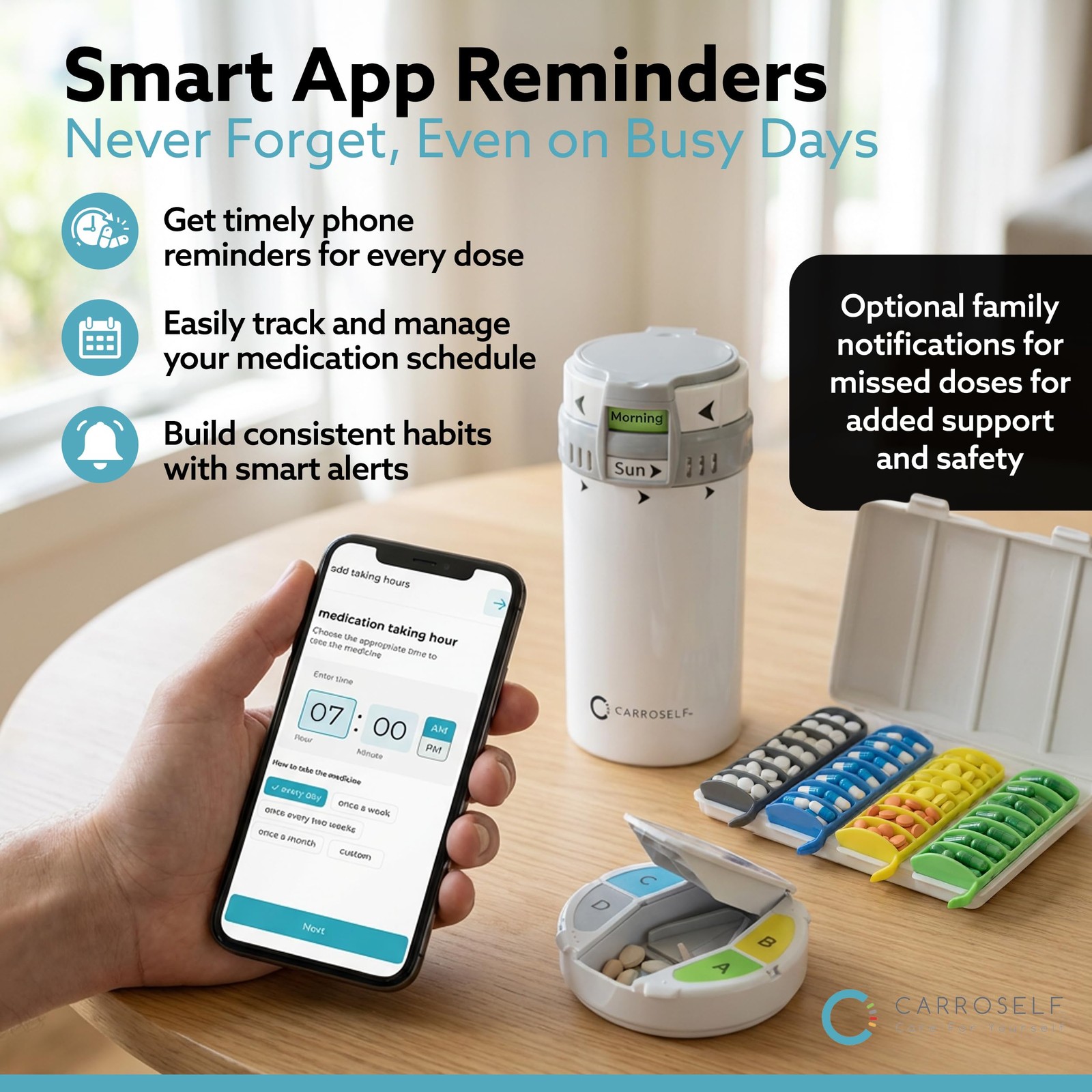 Carroself Pill Dispenser App Set Easy-To-Use Vitamin Dispenser 4 Daily Doses