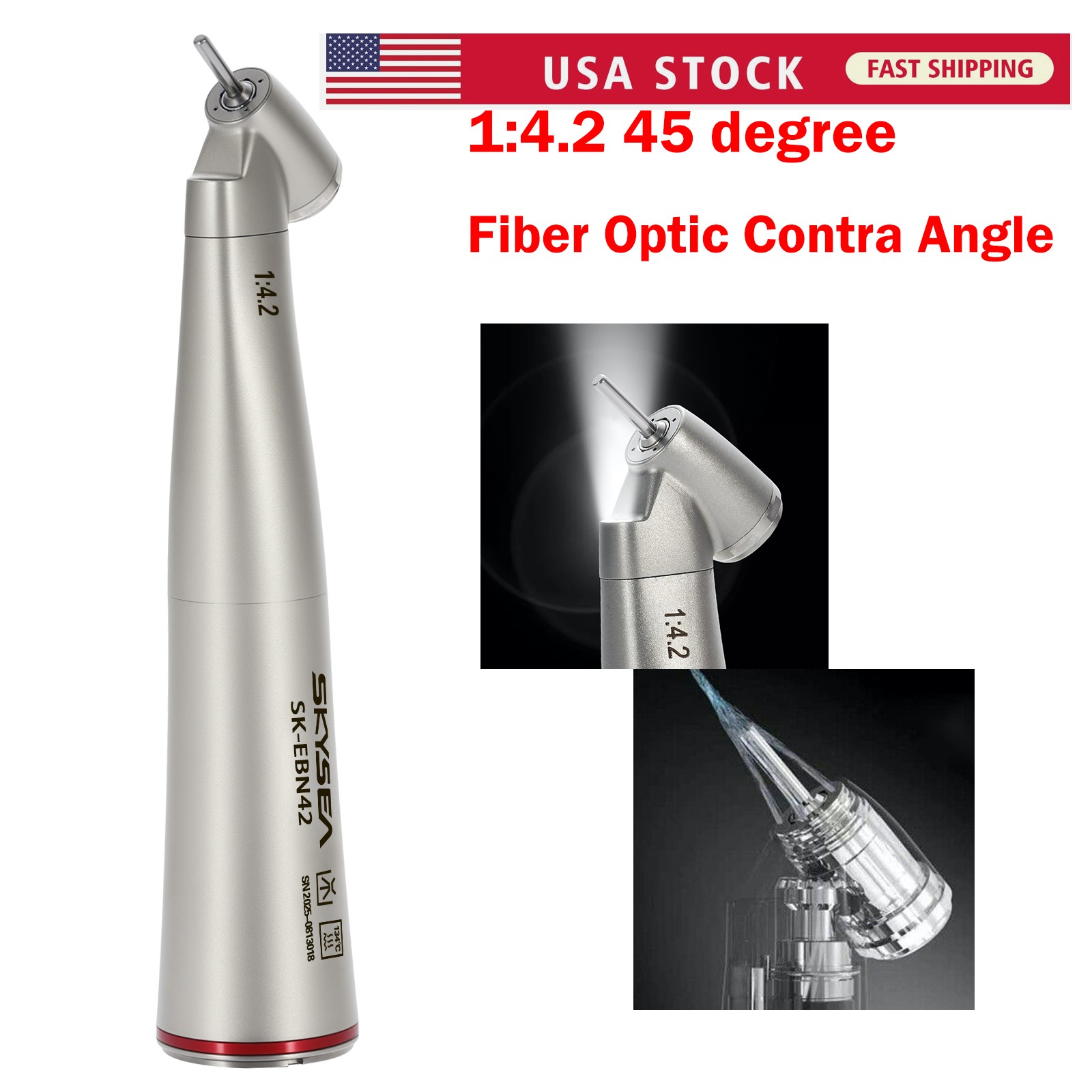 Dental 1:4.2 45 Degree LED Contra Angle Handpiece Quattro Spray Inner Cooling
