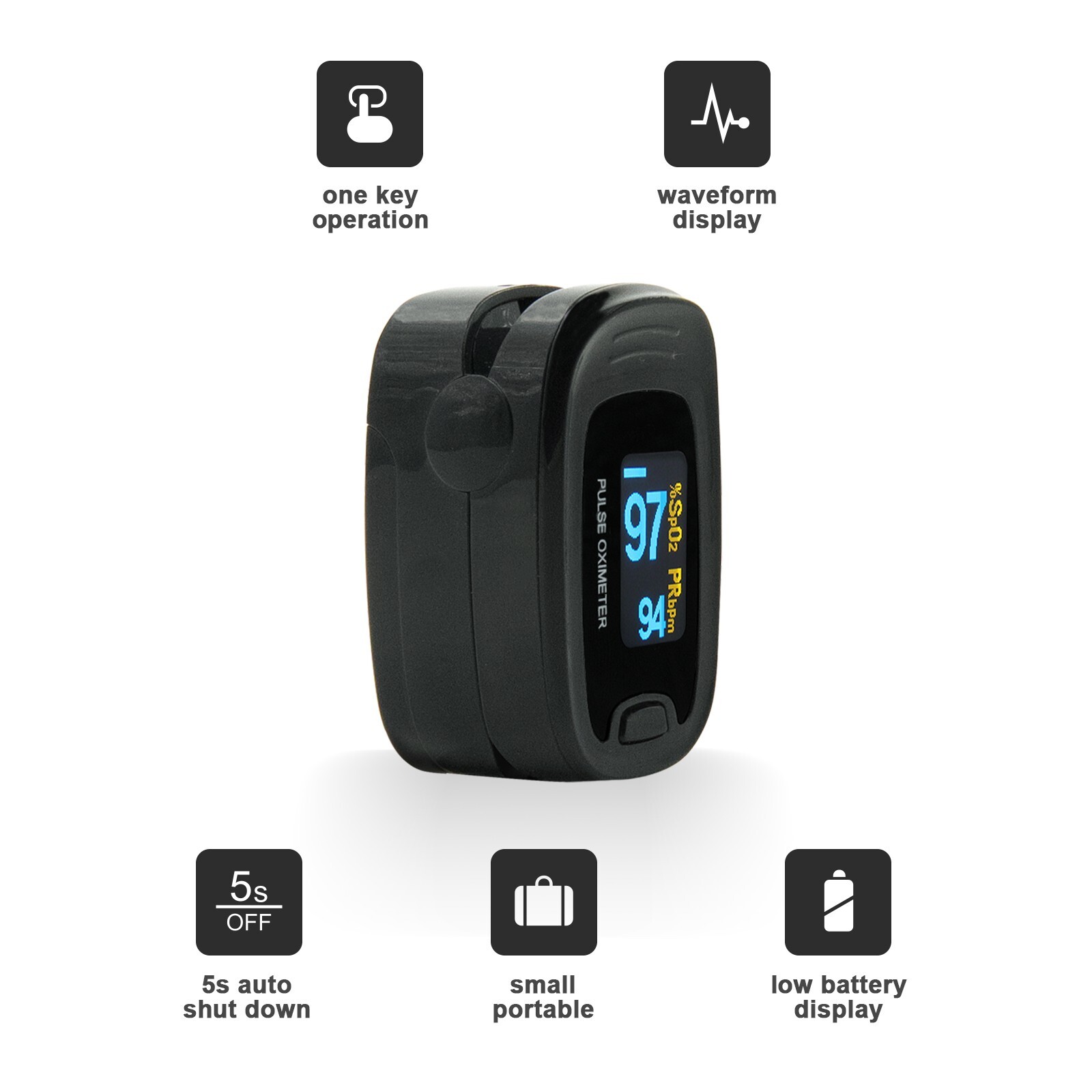 Black CMS50N OLED Fingertip Pulse Oximeter, Spo2 Monitor,Carry Case,Lanyard