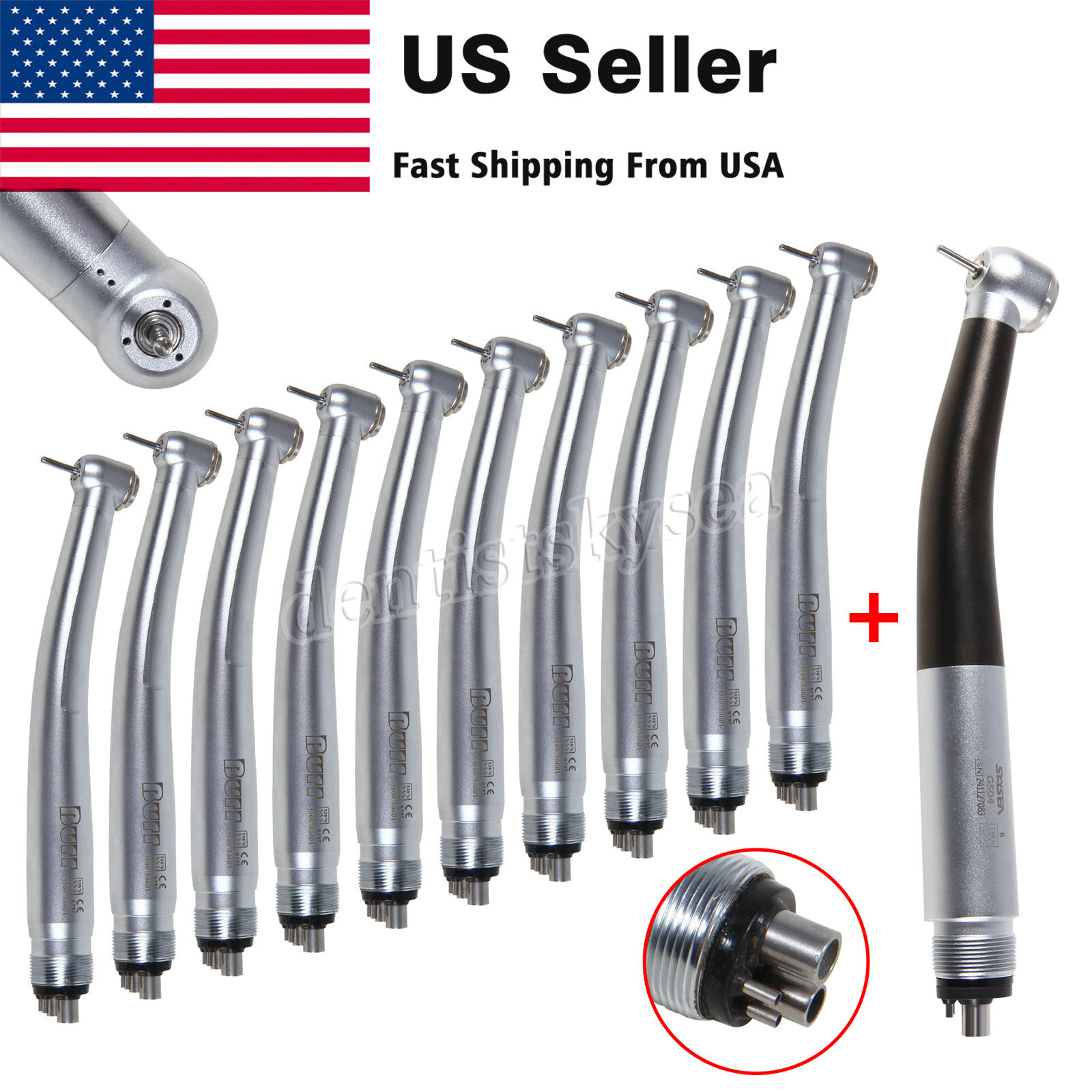 11PCS NSK Style Dentist High Speed Handpiece Turbine Push Button 4Hole Burr-U3BM