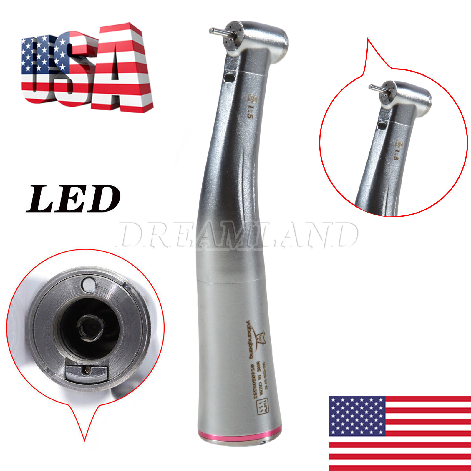 SANDENT Dental 1:1 /1:5 / 20:1 LED Optic Contra Angle Handpiece fit E-Type Motor