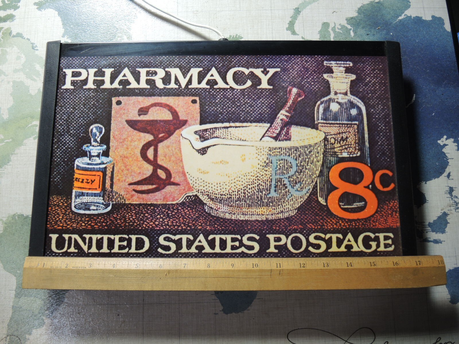 Vintage Warm-O-Tray – Pharmacy & United States Postage Theme – 17″ x 11″ x 1 1/2