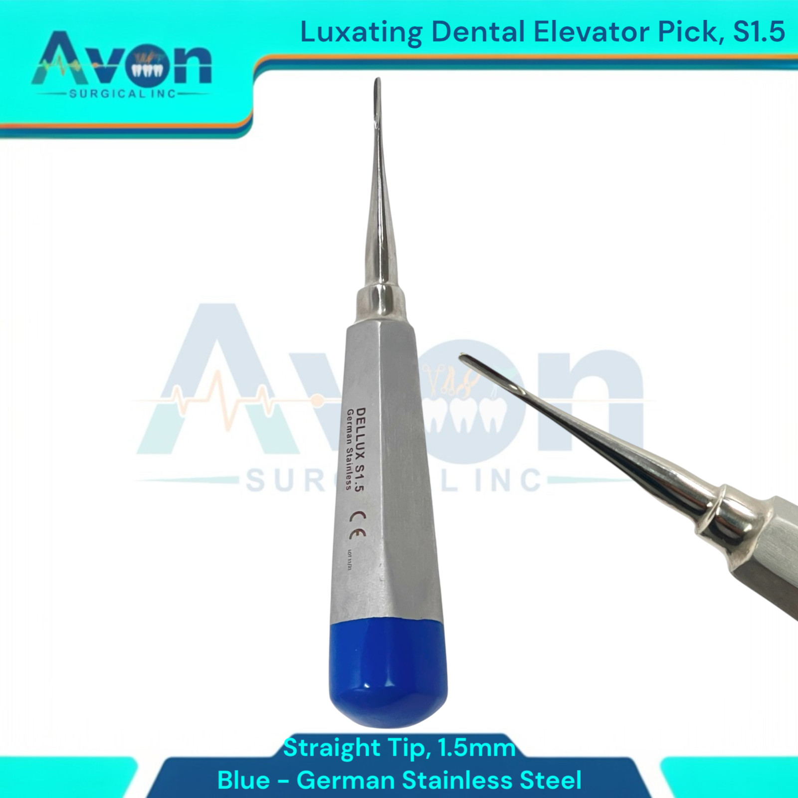 Apical Root Elevator Pick, Blue Handle, Straight Tipped – German Stainless – 1ea