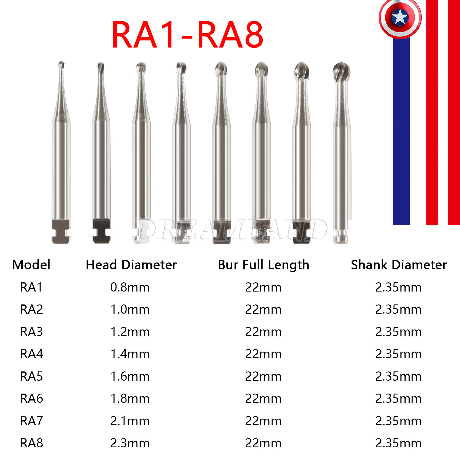 8 Types Dental Round Carbide Bur for Low Speed Latch Type RA 1# – 8# Burs USA