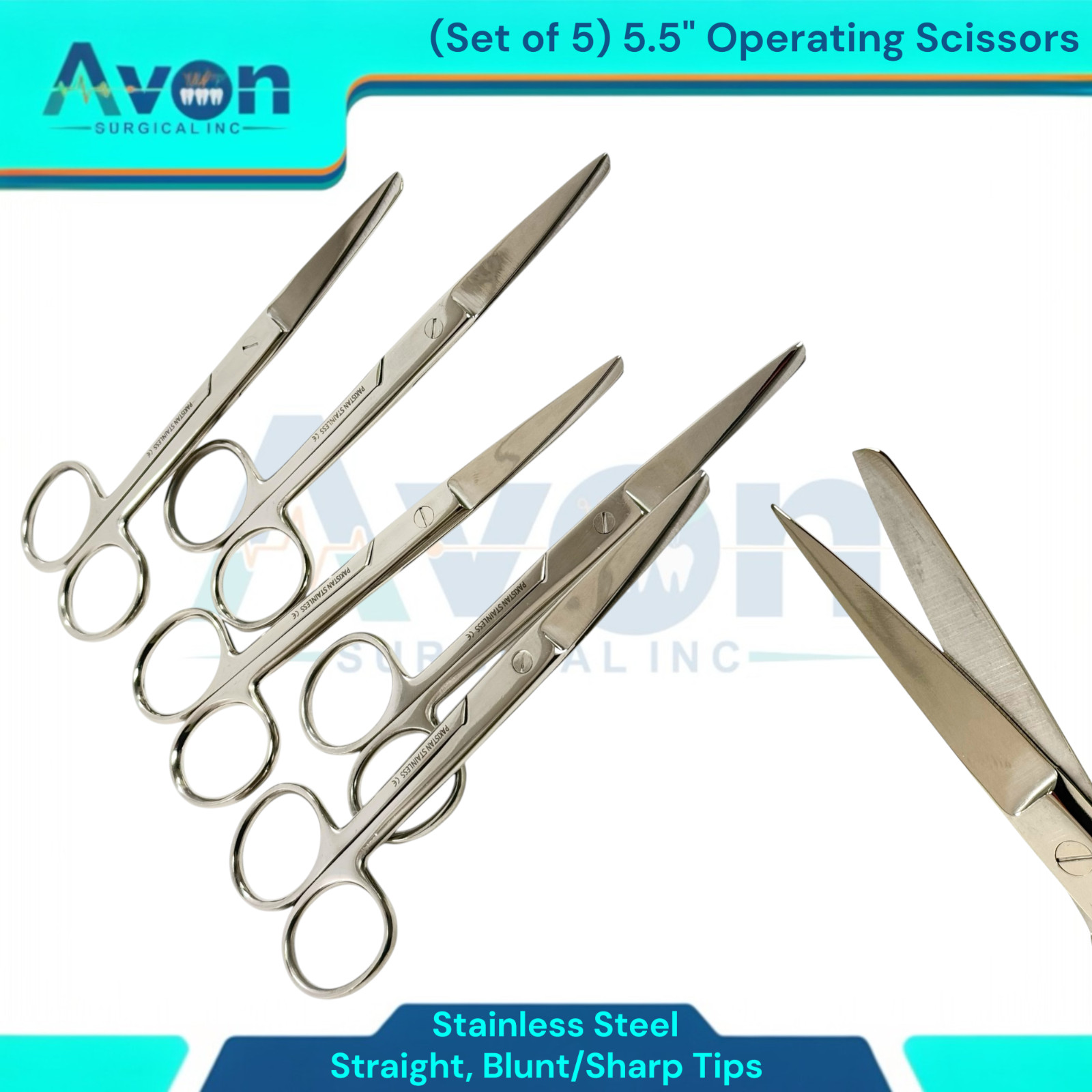 5 Count | 5.5″ Operating Dissecting Scissors – Straight – Blunt/Sharp – Lab, Vet