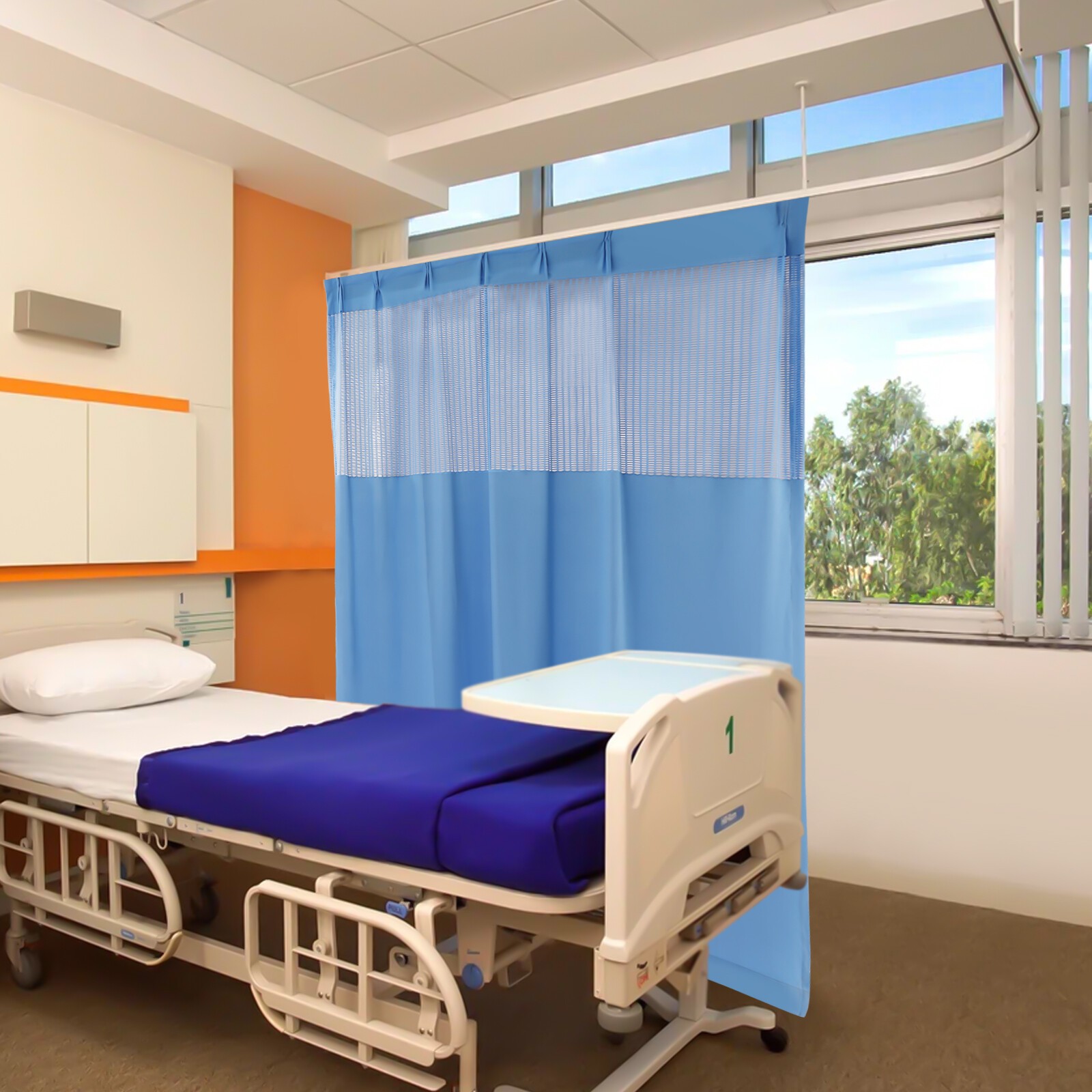 Polyester Zig Zag Curtain (7*8ft, Blue) with Flat Hooks for Hospital ICU Clinic