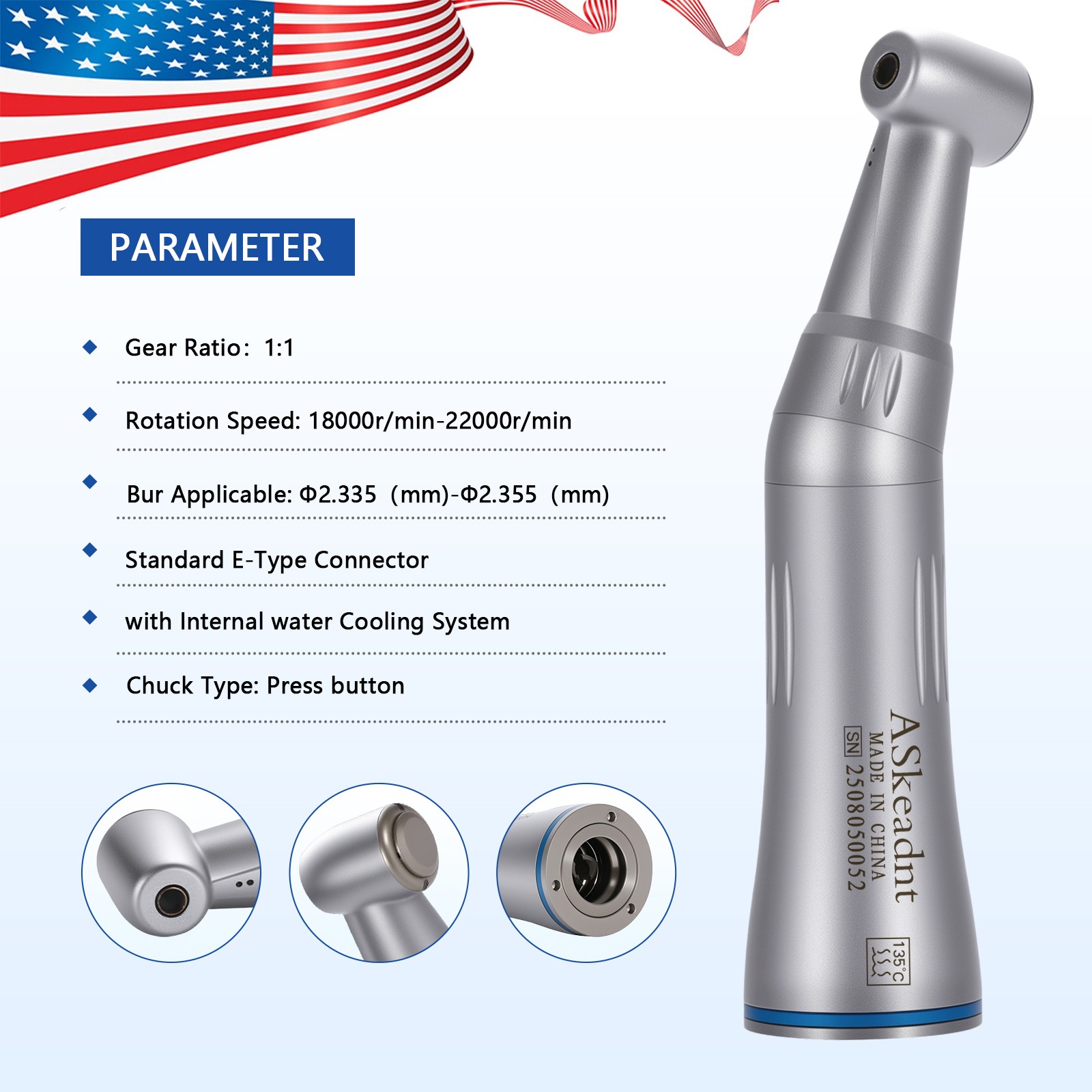 NSK Style Dental Inner Water Spray Contra Angle Low Speed Handpiece Push Button