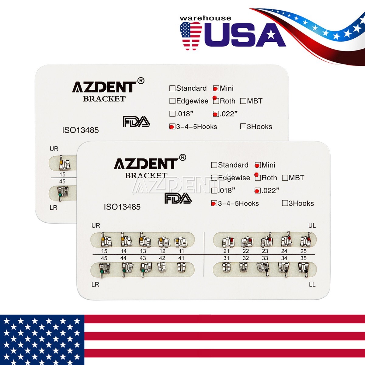 200 Pack AZDENT Dental Orthodontic Bracket Braces Mini Roth Slot.022 Hooks 3-4-5