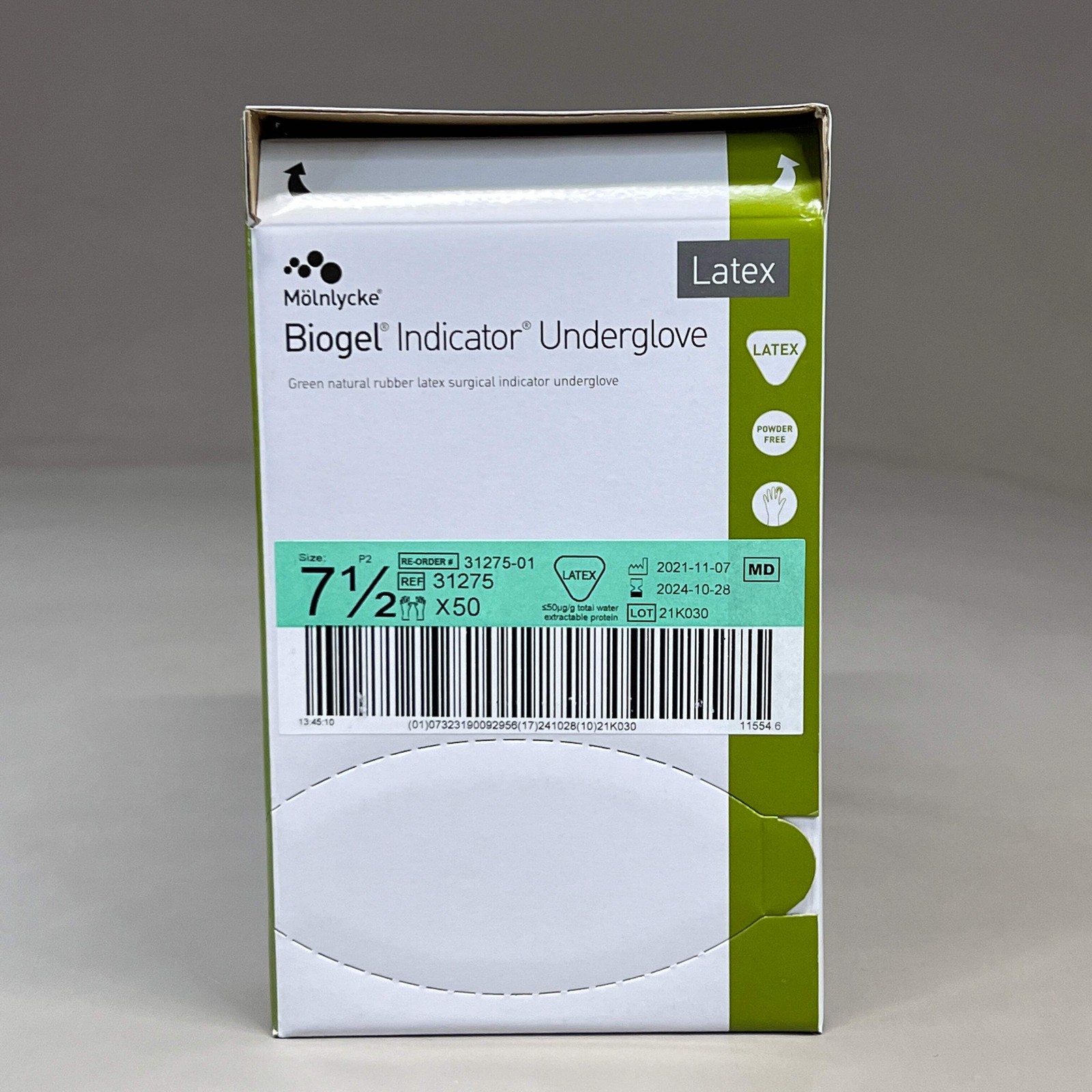 MOLNLYCKE Biogel Latex Surgical Indicator Underglove SZ 7.5 Green 50 Pairs 31275
