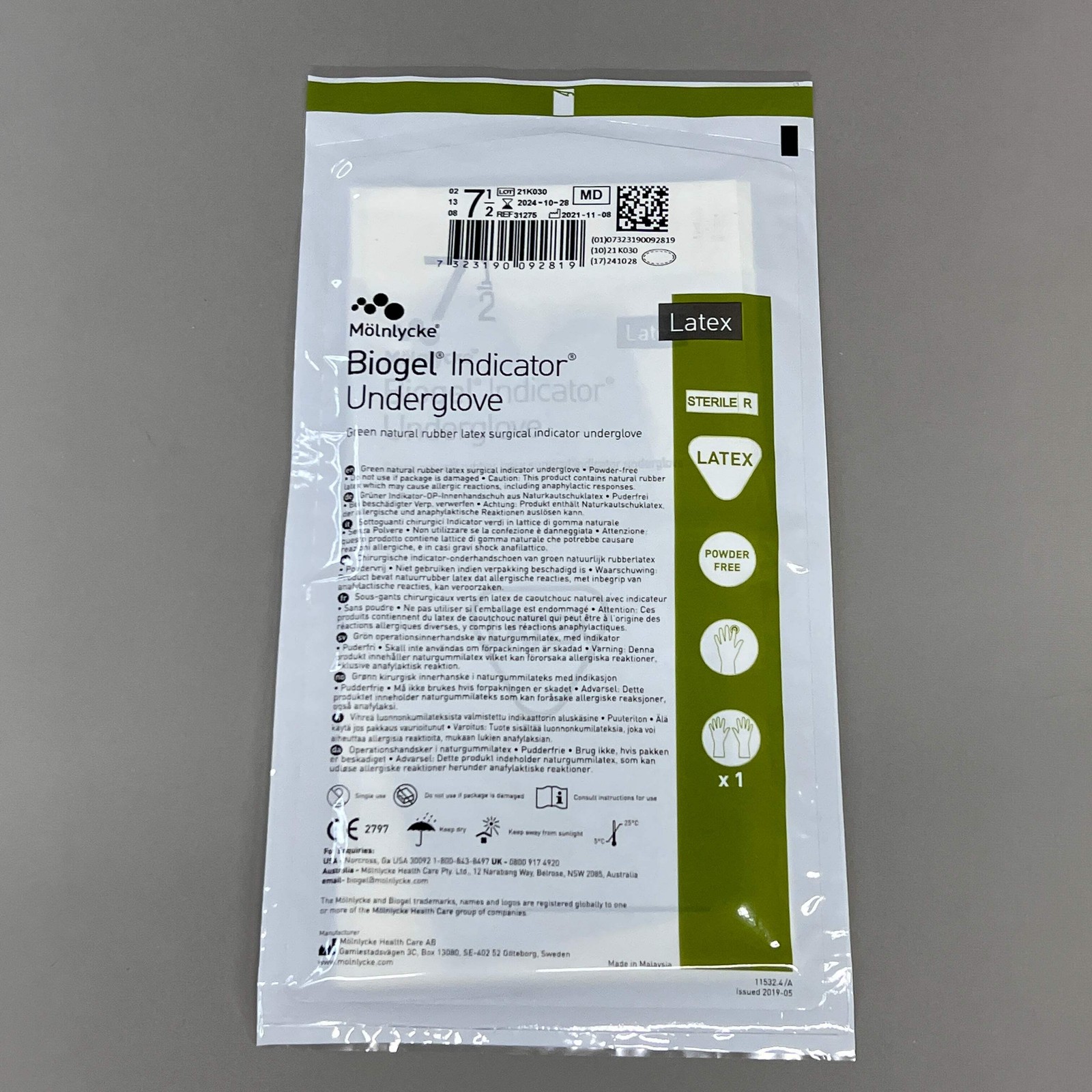 MOLNLYCKE Biogel Latex Surgical Indicator Underglove SZ 7.5 Green 50 Pairs 31275