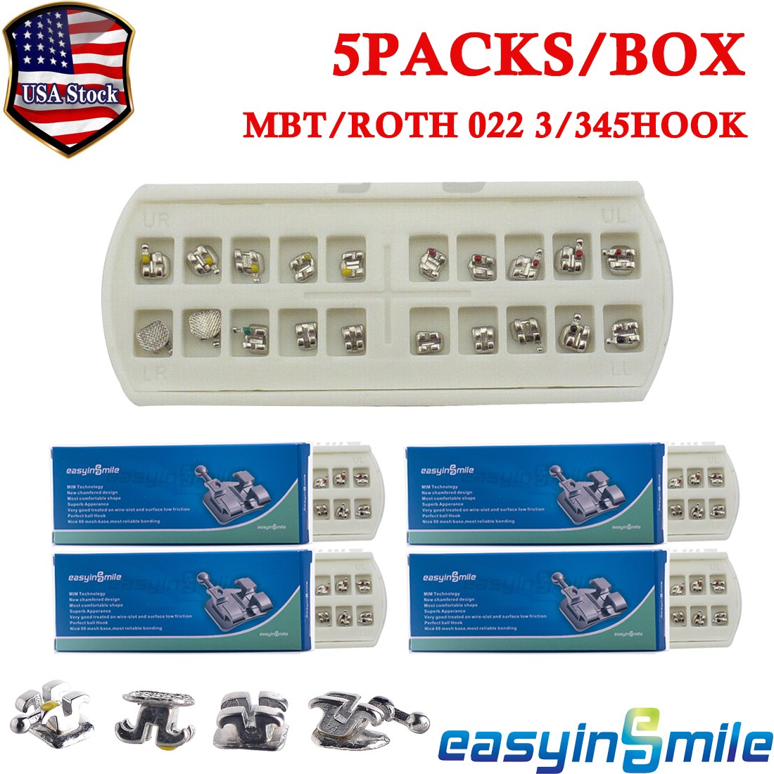 5Pack Dental Orthodontic Brackets MBT/Roth 022 3/345Hook Mini Metal Teeth Braces