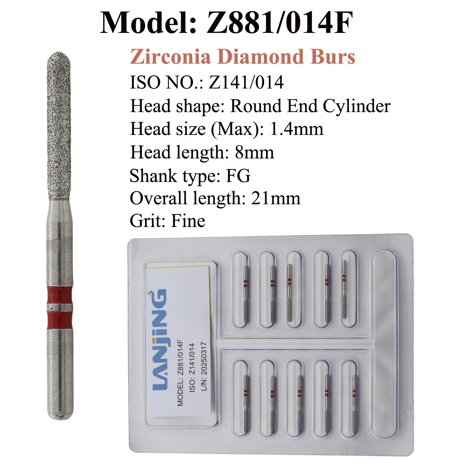 Dental Zirconia Cutting Diamond Burs FG Round End Cylinder Fine Coarse Z881 Z882