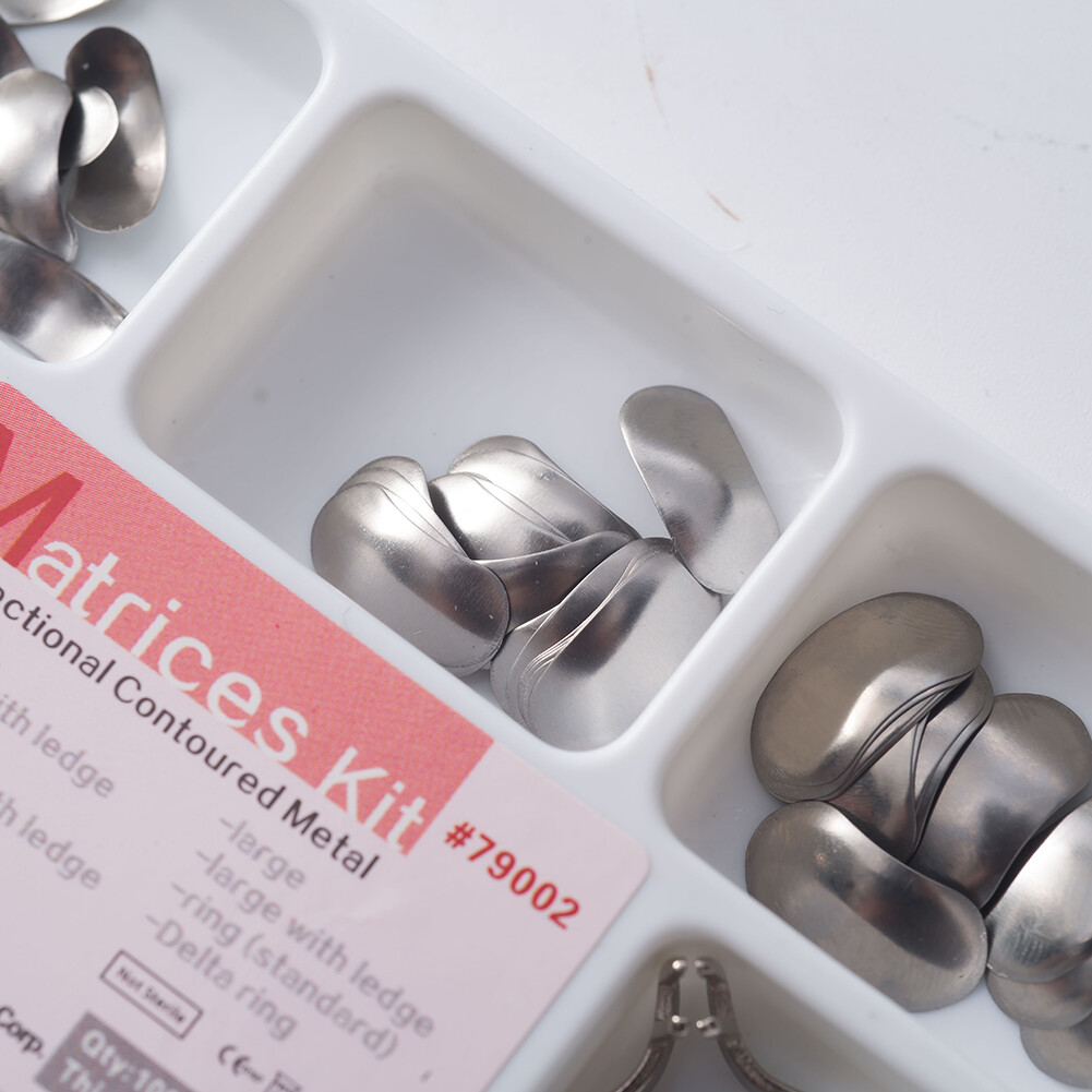 100Pcs Dental Sectional Contoured Metal Matrice Matrix 50μm Thickness+2Rings Kit