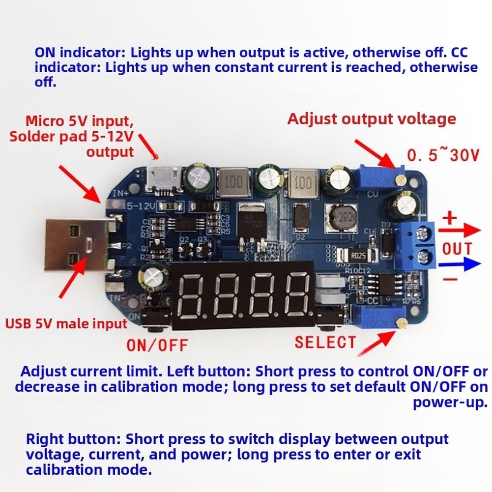Adjustable Voltage Converter 15W 0.5 30V with Overpower and Overheat Protection