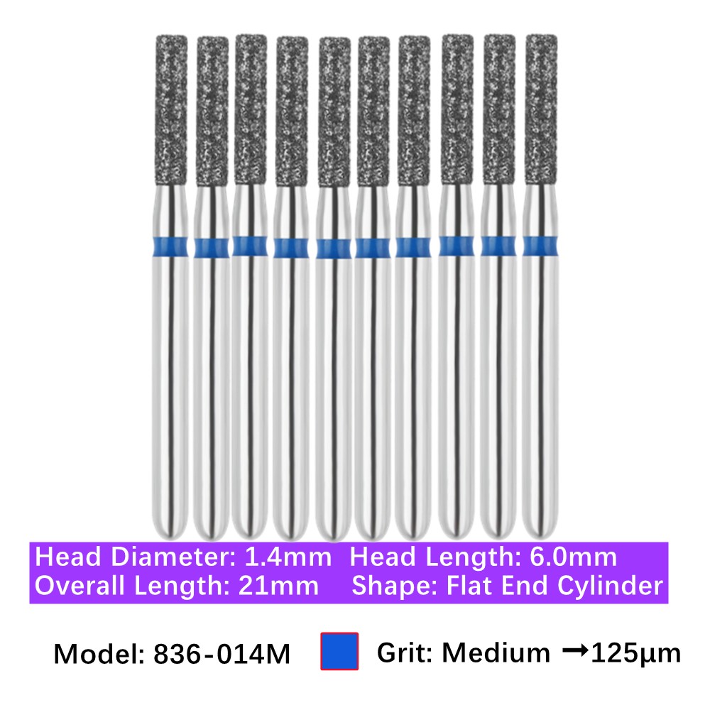 10/Pk Dental FG Diamond Burs Flat End Cylinder Shape 836-014M Medium High Speed