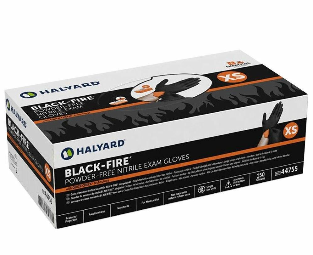 *1,500-Pieces* Halyard Black-Fire PF Nitrile Medical Exam Gloves X-Small 44755