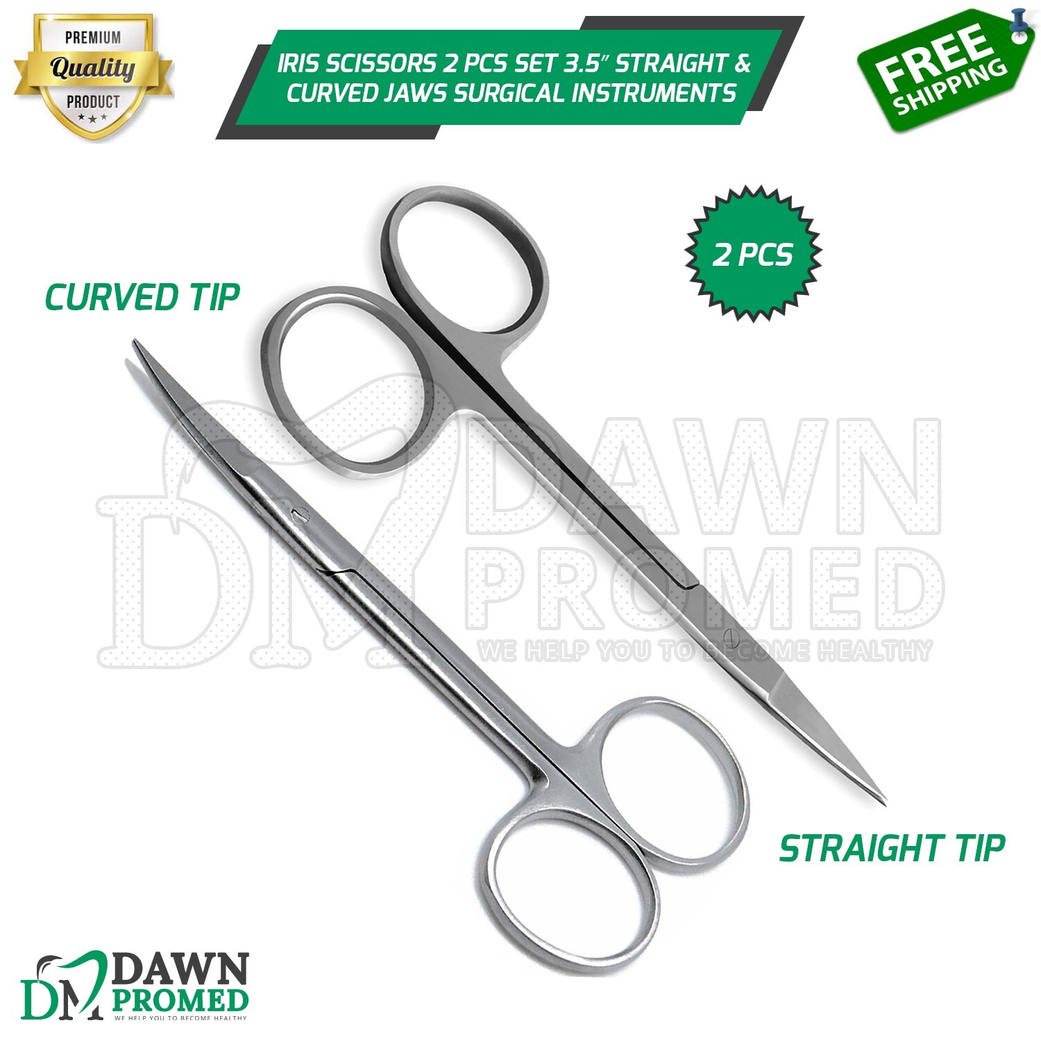 Iris Scissors 2 Pcs Set 3.5” Straight & Curved Jaws Surgical Instruments
