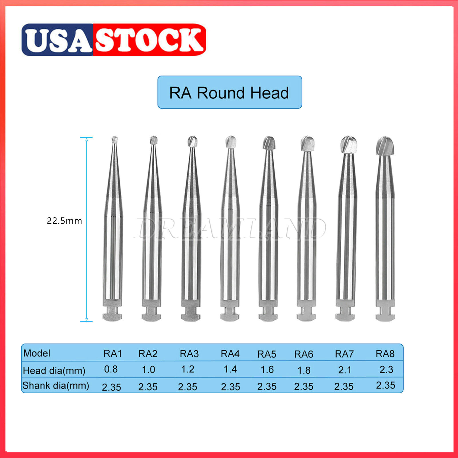 RA #1-8 Regular Round Carbide Burs for Slow Speed Latch RA1-RA8 Dental