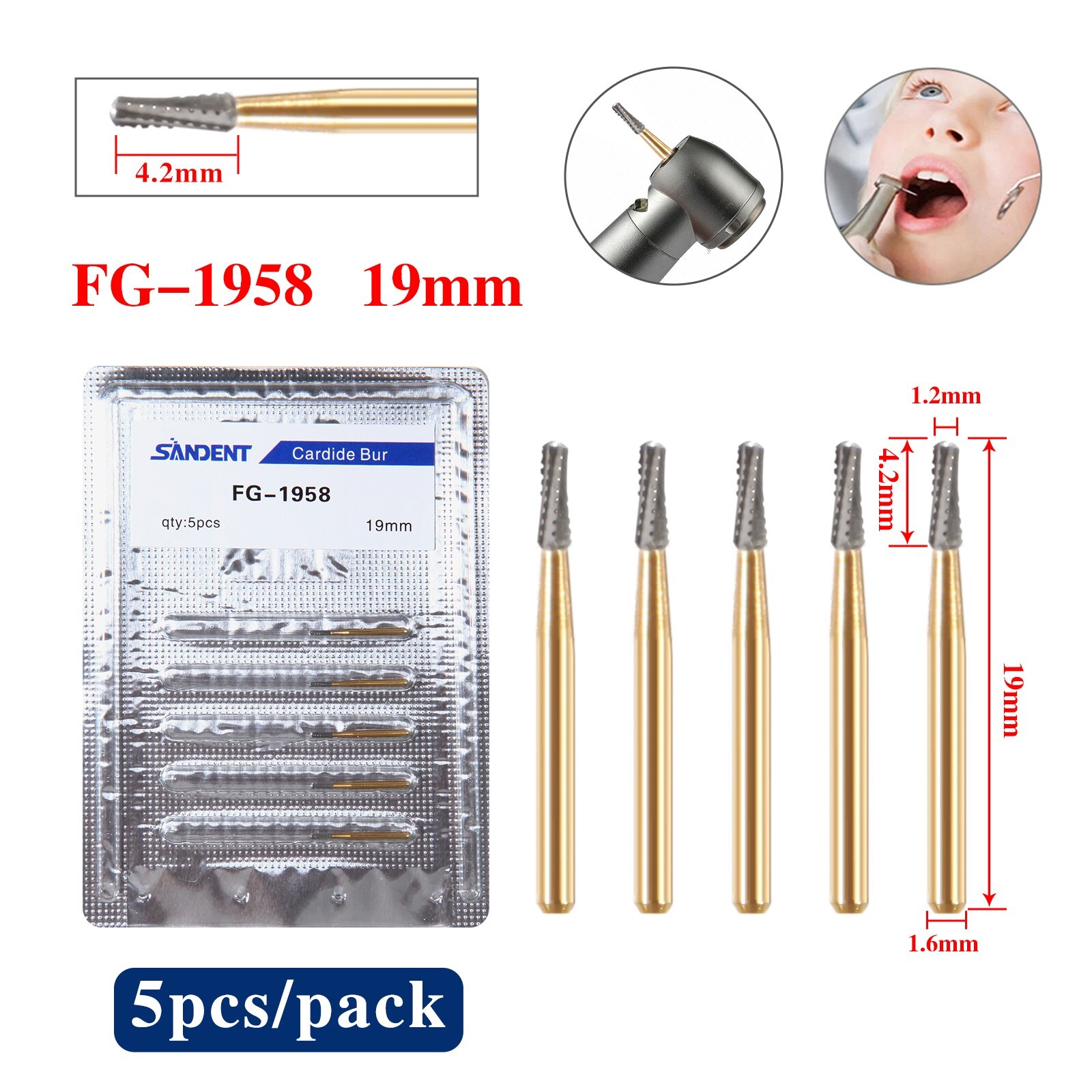5X Dental Tungsten Steel Carbide Metal Cutting Burs For High Speed FG-1958 19 mm