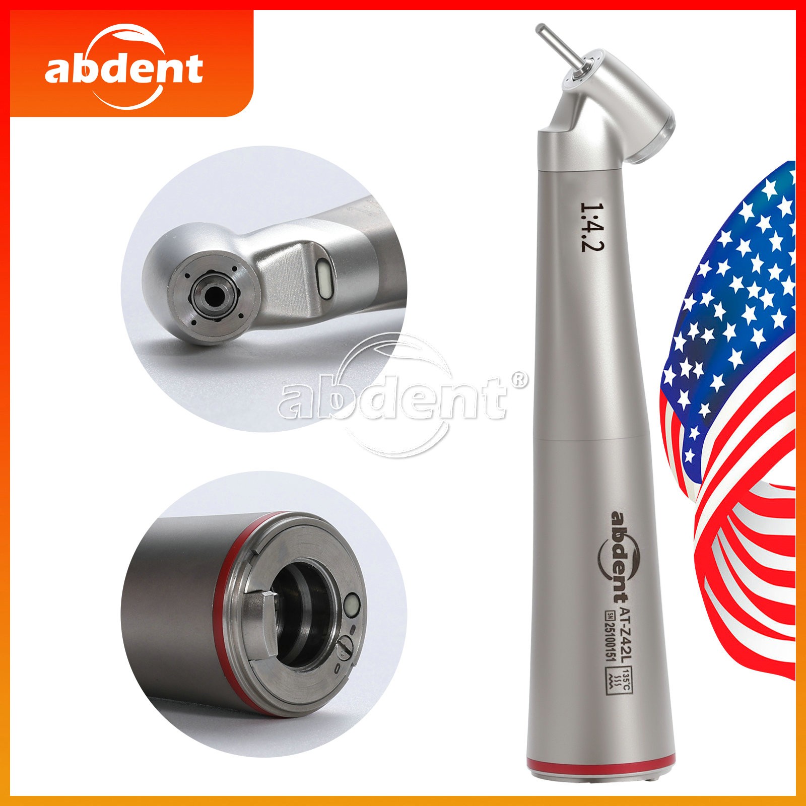 AbDent Dental 45° Contra Angle LED Optic 1:4.2 Handpiece Quattro Spray AT