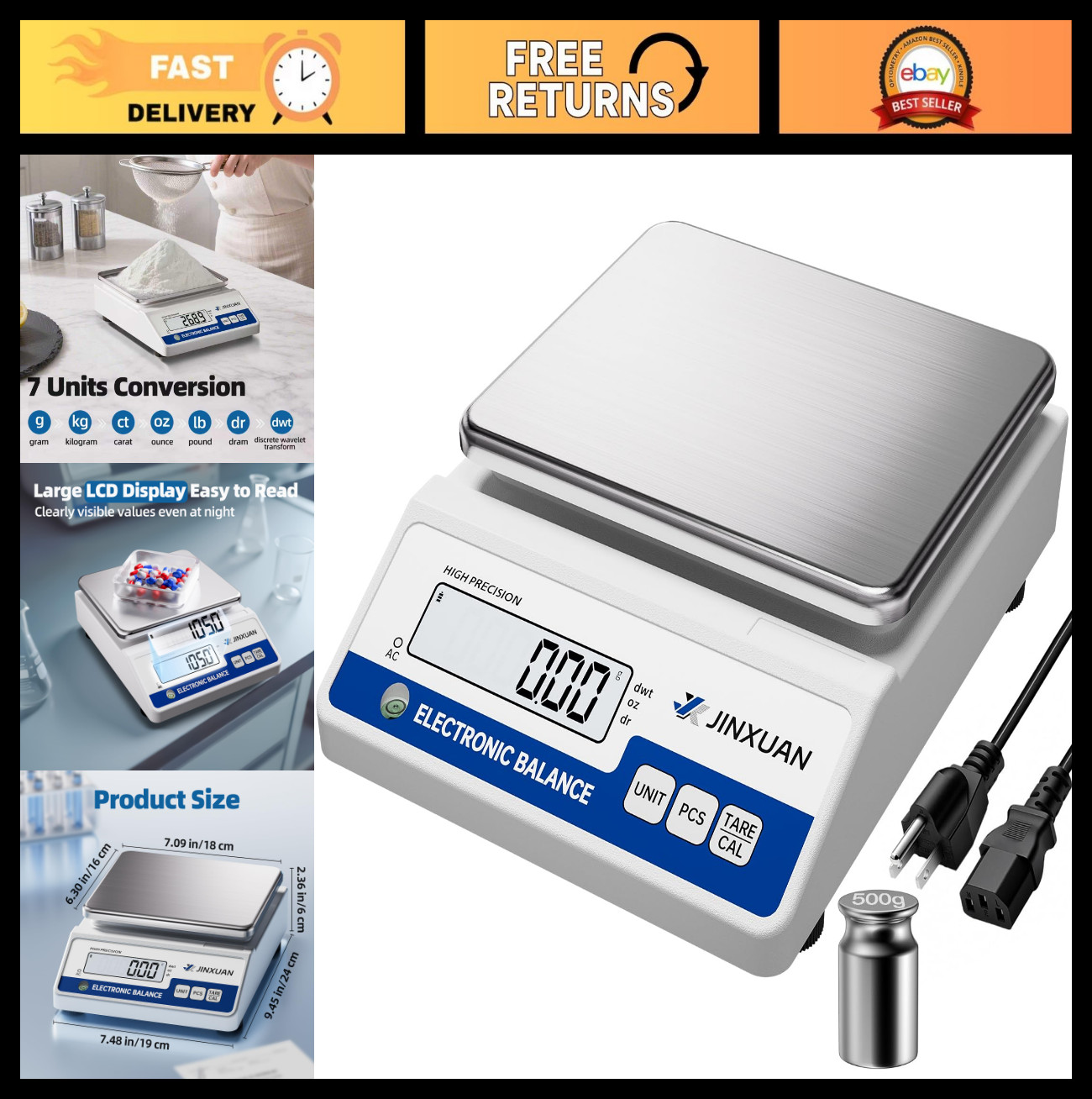 High Precision Digital Lab Scale 5000g, 0.01g Accuracy, LCD Display, 7 Units for