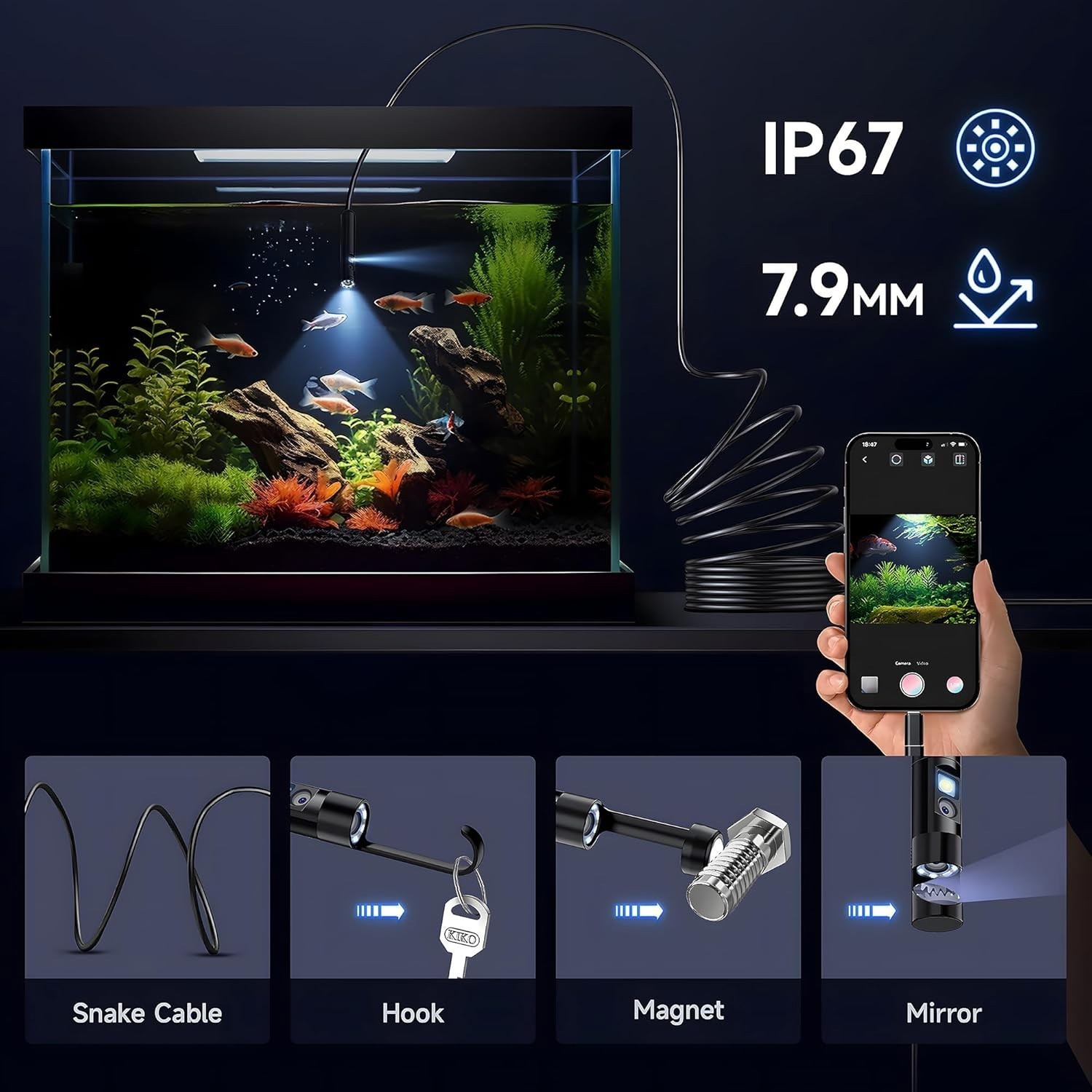 Endoscope Camera with Light, 1920P HD Borescope Camera with 8 LED Lights 16.4ft