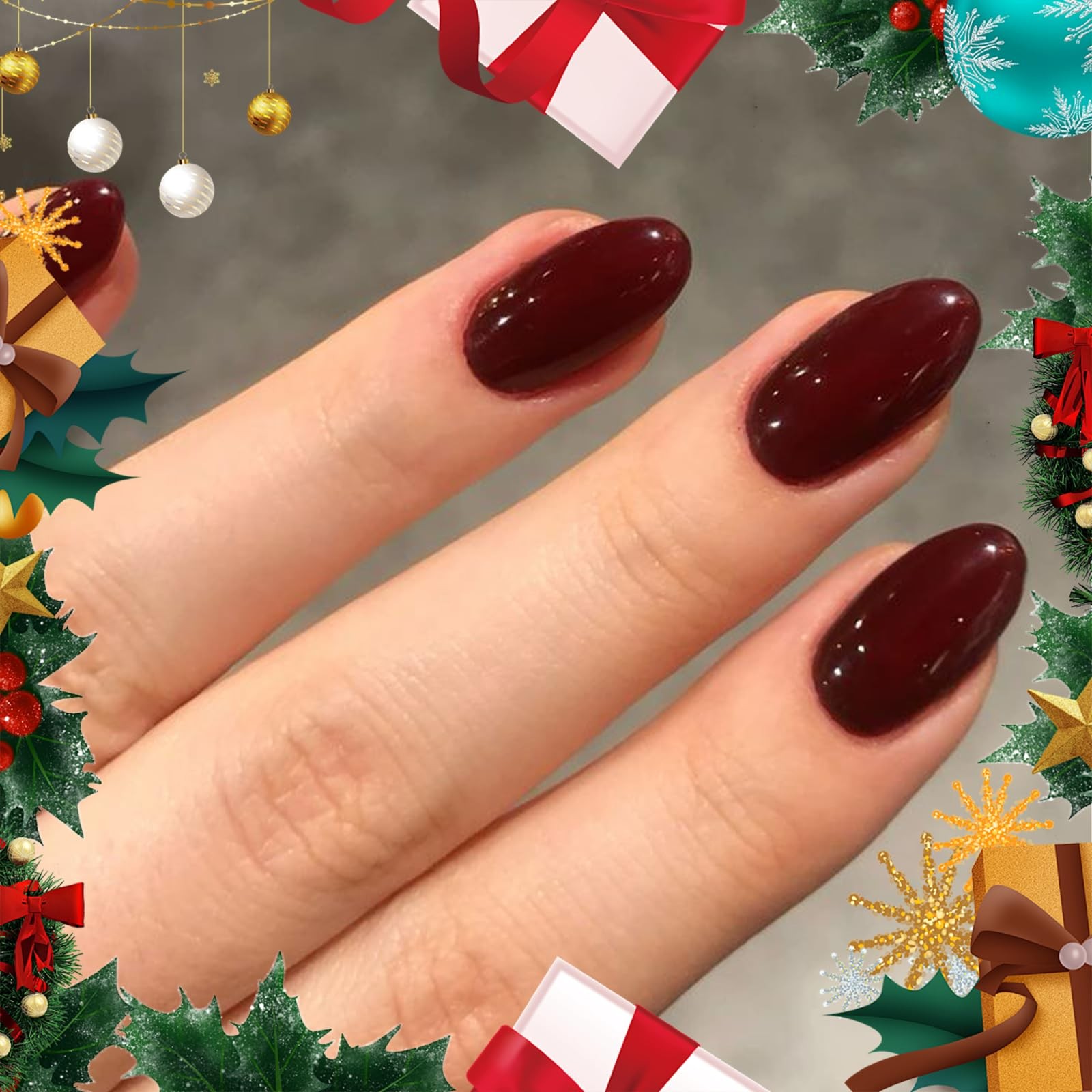 Modelones Dark Red Almond Press On Nails – Christmas Short Fake Nails Reusable