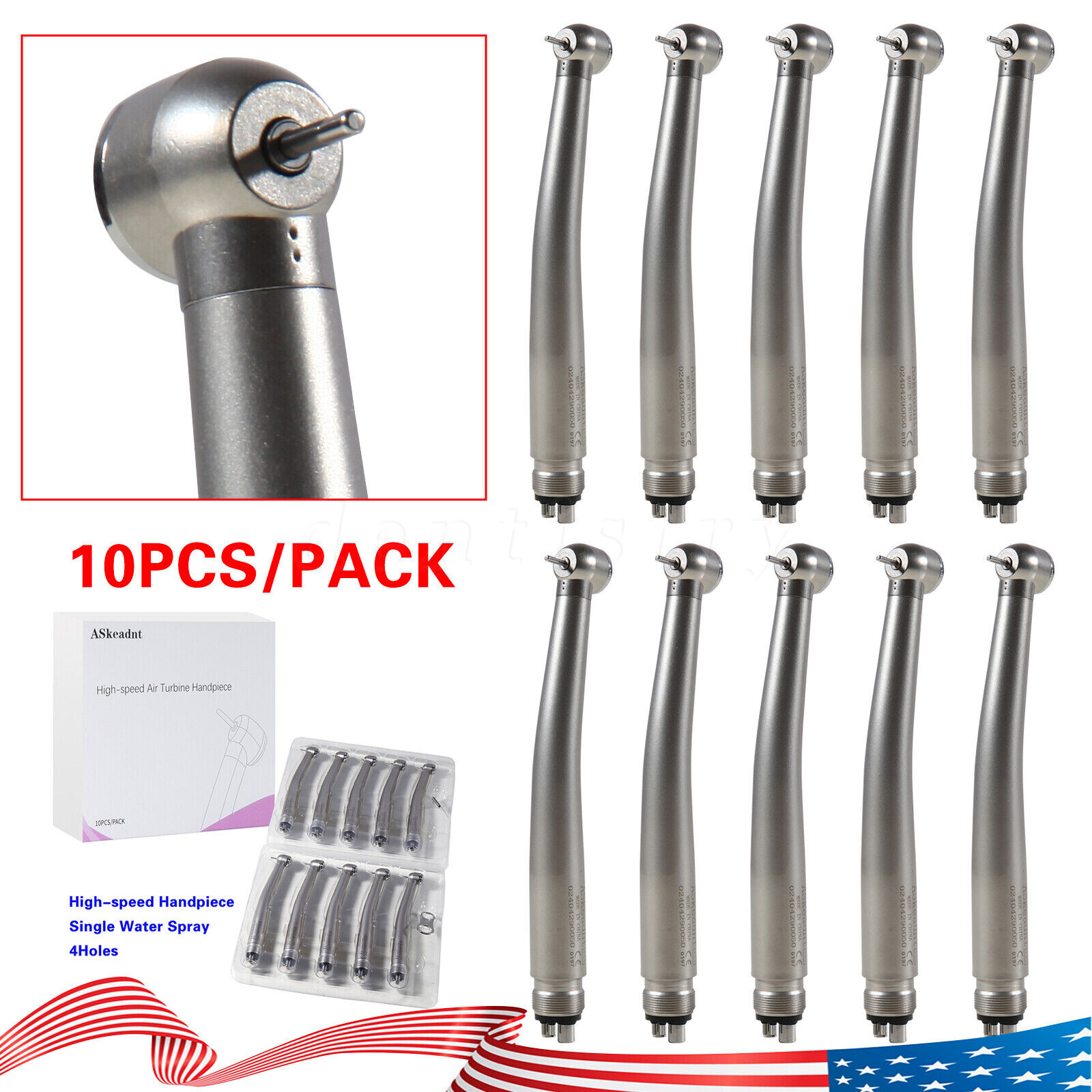 10 Pcs ASkeadnt NSK Style Dental High Speed Handpiece Push Button 4 Hole ADA4