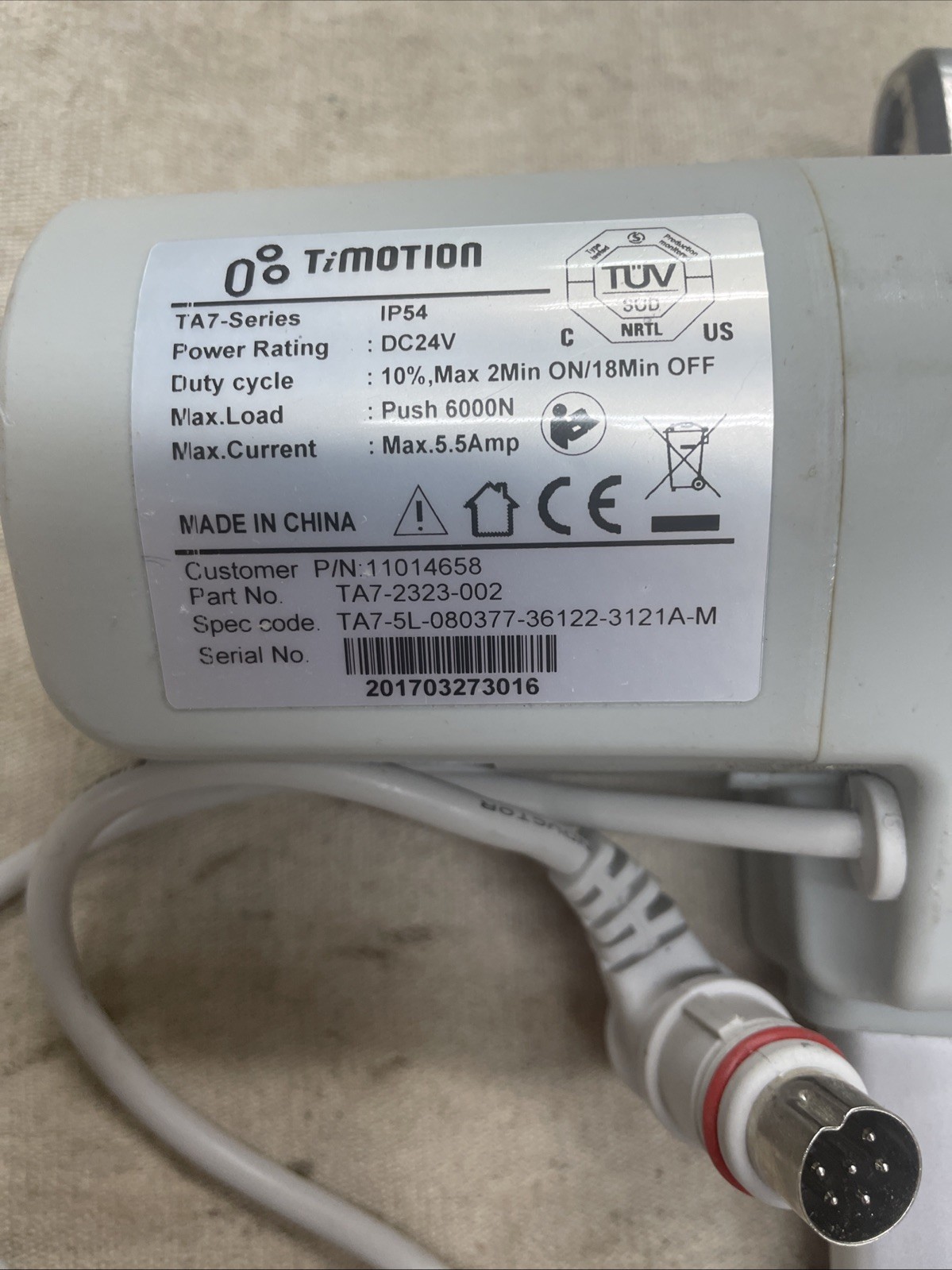 TiMOTION Motor, TA7 Series IP54 ,TA7-2323-002, DC 24v, 6000N, 5.5Amp