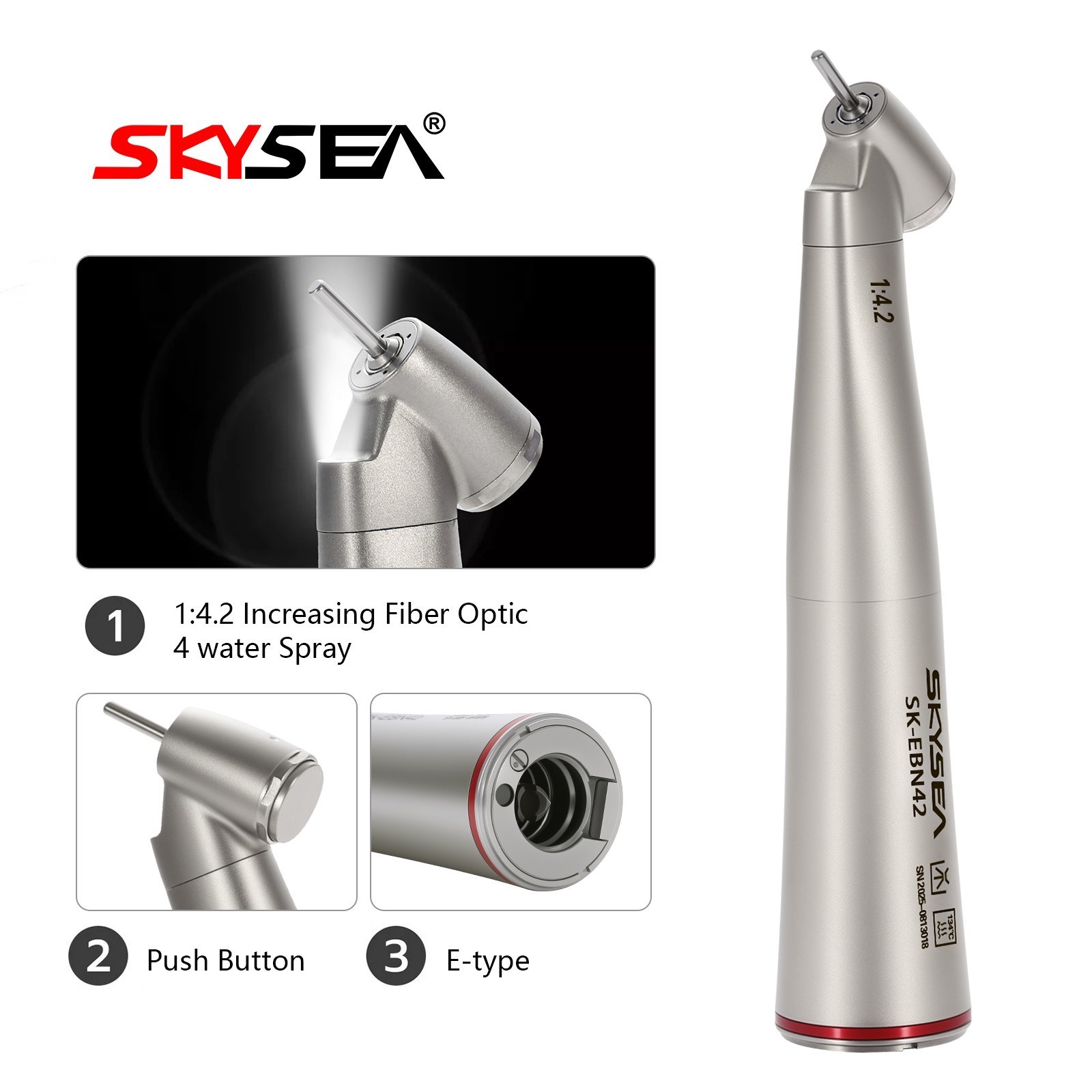 Dental 1:4.2 45 Degree LED Contra Angle Handpiece Quattro Spray Inner Cooling