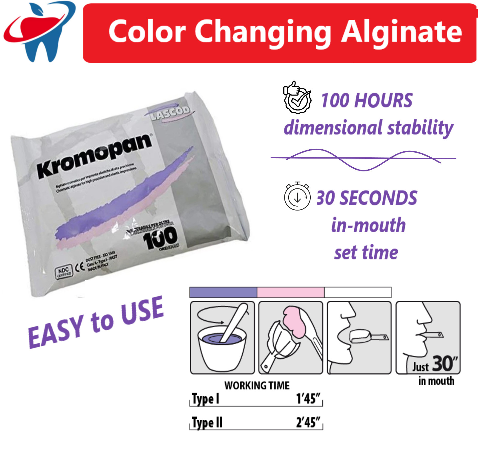Kromopan LASCOD KRM302 Chromatic Alginate Type 1 Fast Set Dust Free 1 Lb Pouch