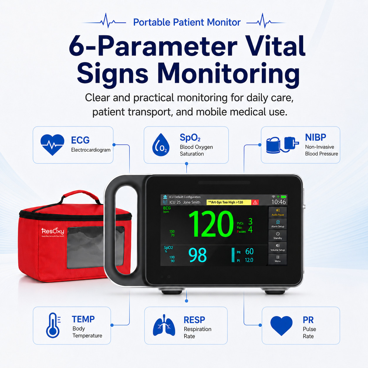 7″ Patient Monitor Vital Signs ECG NIBP SpO2 PR TEMP RESP Portable Carry Bag