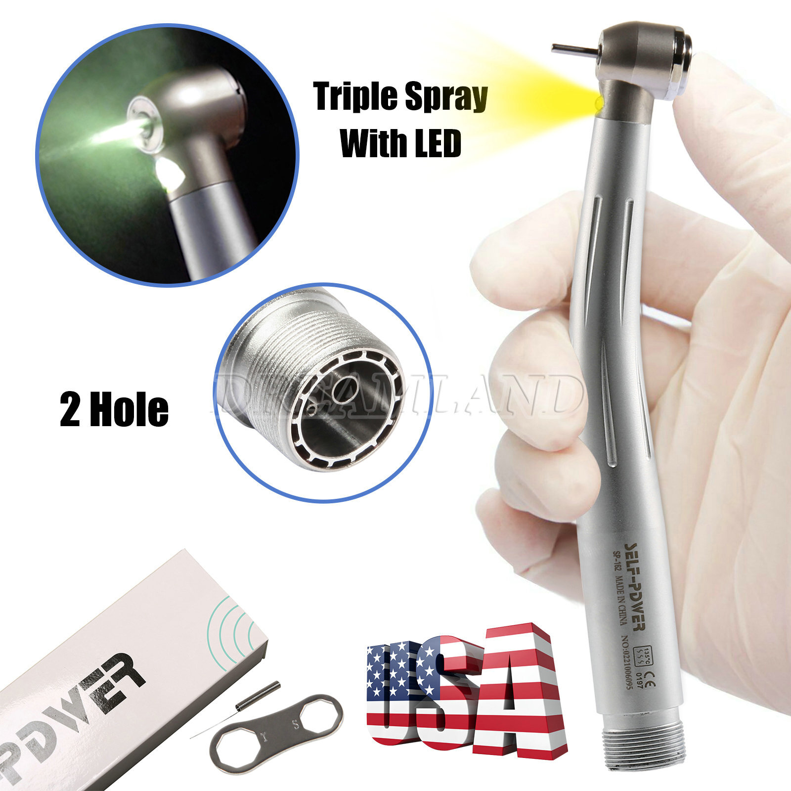 Dental Large Torque Push Button High Speed Fiber Optic LED Handpiece 2 HOLE SP