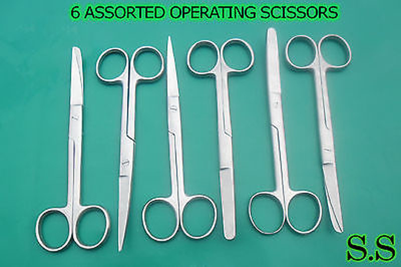 6 ASSORTED OPERATING SCISSORS 6.5″ SH/SH SH/BL BL/BL CURVED SURGICAL