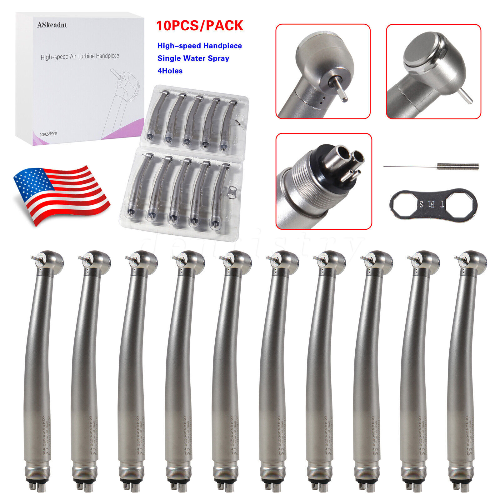 10 Askeadent Dental High Speed Handpiece Push Button Turbine Single Spray