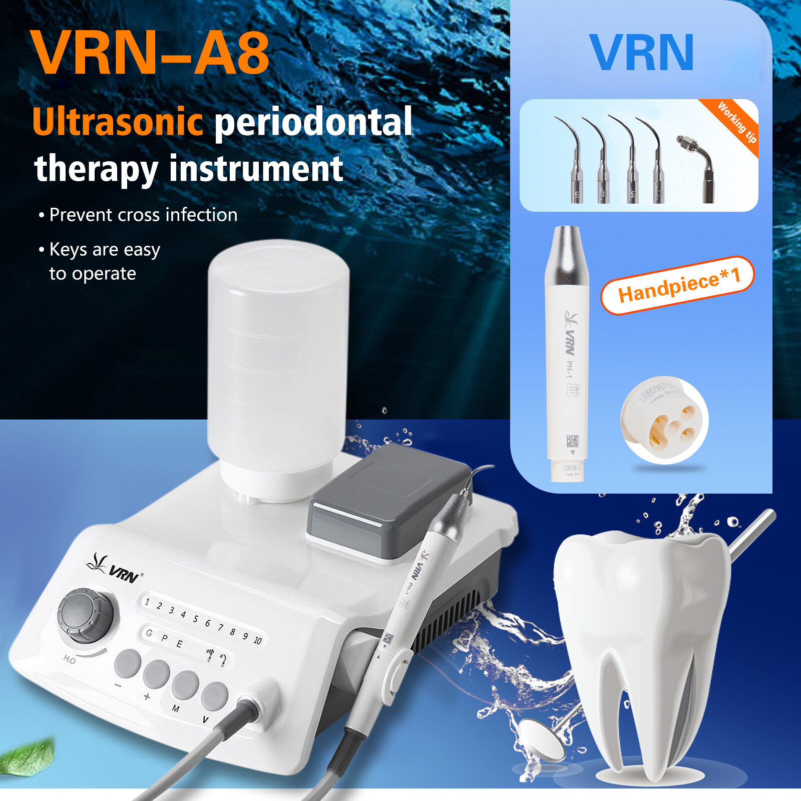 VRN-A8 Dental Ultrasonic Piezo Scaler w/Handpiece Tips /LED Scaler Handpiece ns