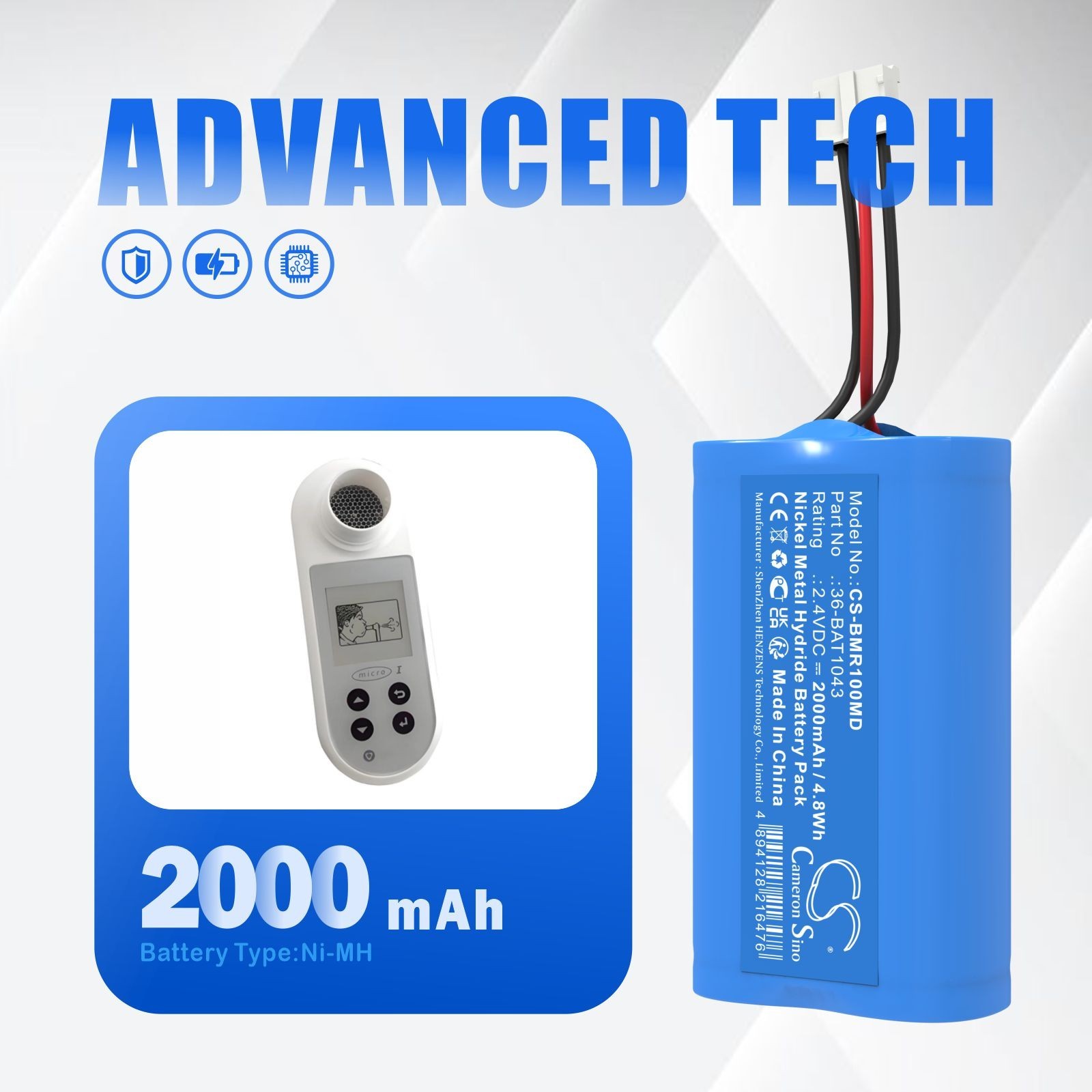 BATTERIE 2000mAh Type 36-BAT1043 OM11861 For Biomedical Micro1 Spirometer