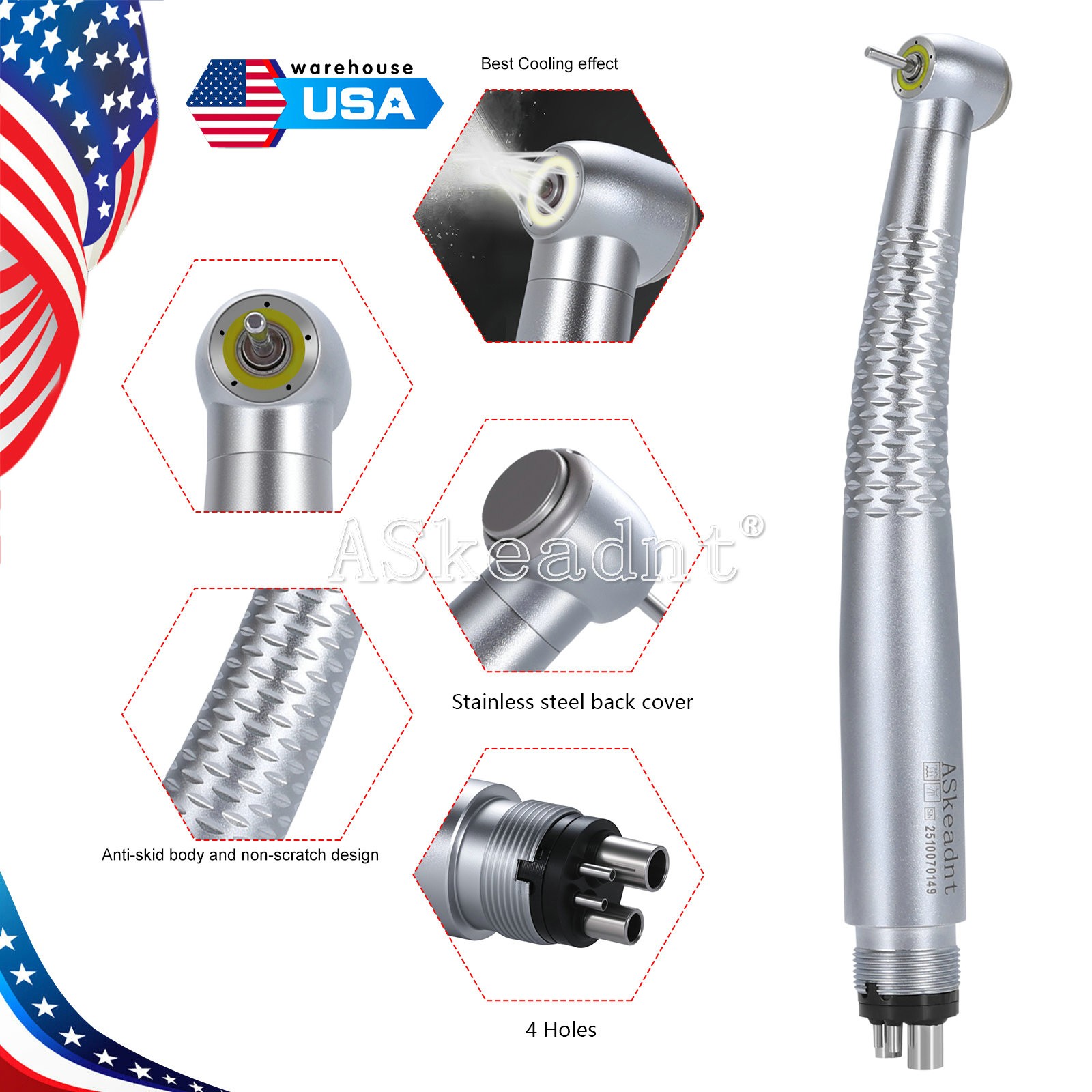 1-10 PCS Dental Shadowless Ring LED High Speed Handpiece 5 Water Spary 4 Holes