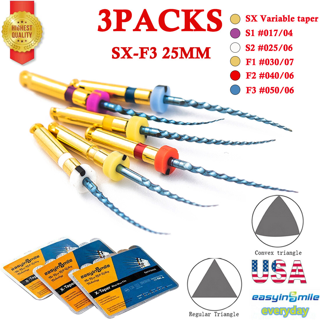 3Pks Dental SX-F3 Endo Files X3-Taper Blue Max Niti Rotary Endodontic Files 25mm
