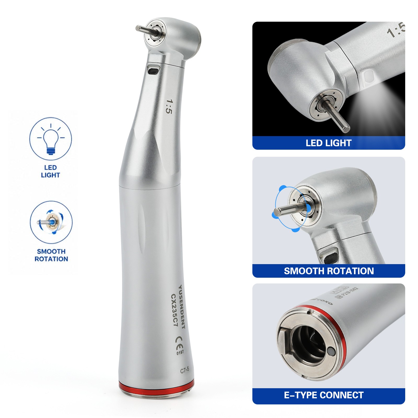 COXO CX235C7 Dental Fiber Optic LED Standard Head 1:5 Contra Angle Handpiece
