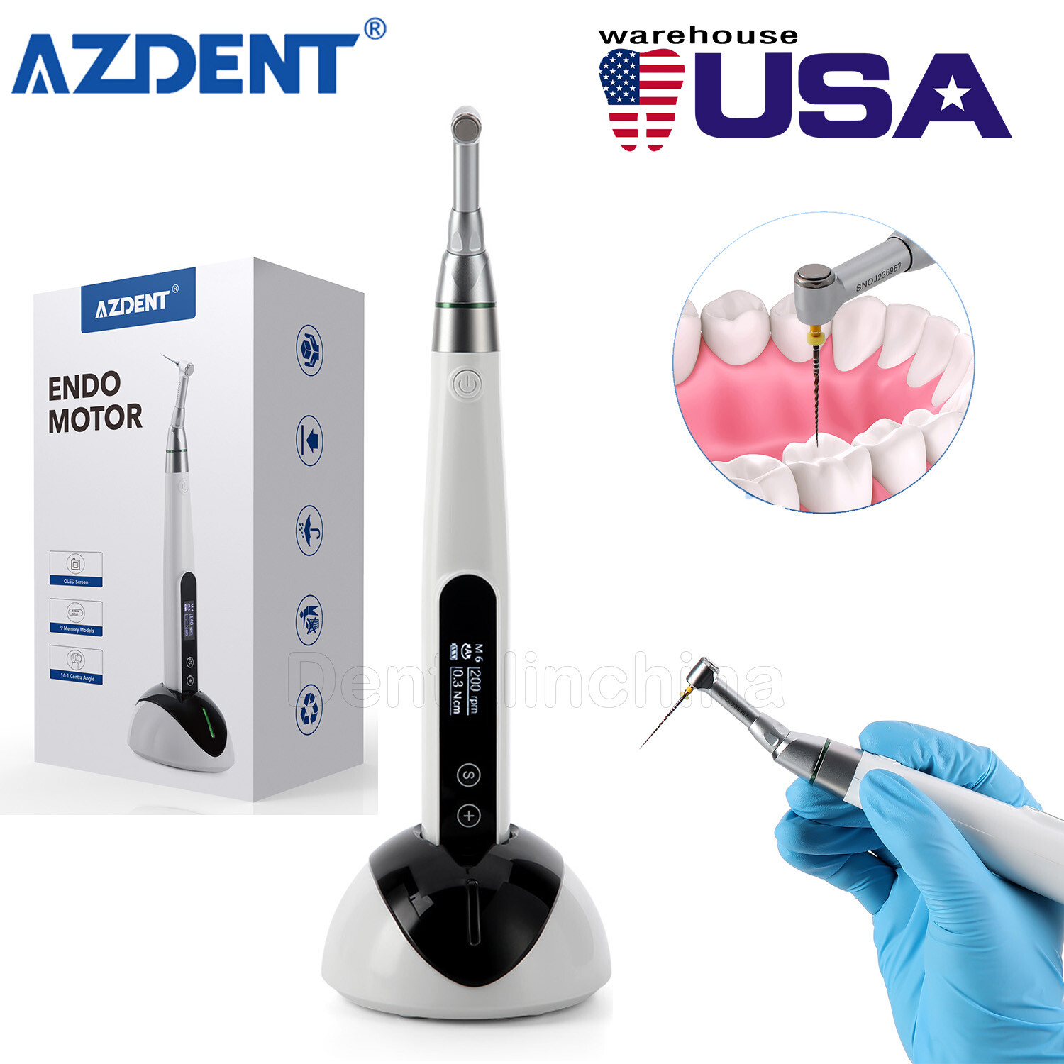 AZDENT Dental LED Endo Motor Wireless 16:1 Electric Contra Angle Handpiece
