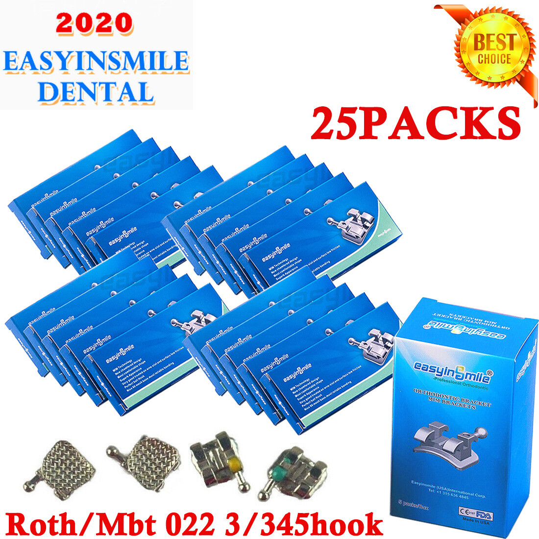 25Packs Dental MBT/Roth Orthodontic Brackets 022 3/345 Hooks MINI Metal Brackets