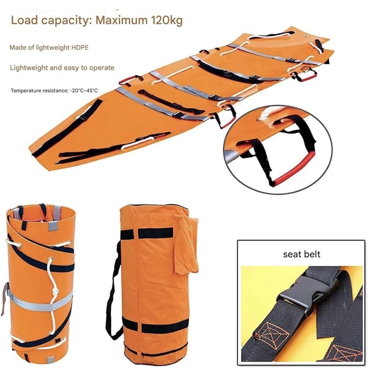 Roll-Up Rescue Stretcher (Orange), with Safety Rope and Non-Slip Handle